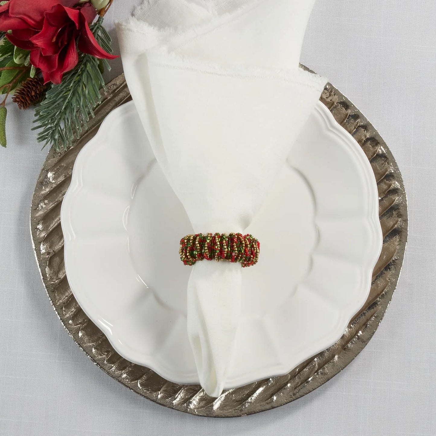 Fennco Styles Hand Beaded Decorative Napkin Rings, Set of 4 - Silver Glass Beads Napkin Holders for Home, Dining Table, Banquet, Christmas, Holiday Décor and Special Occasion