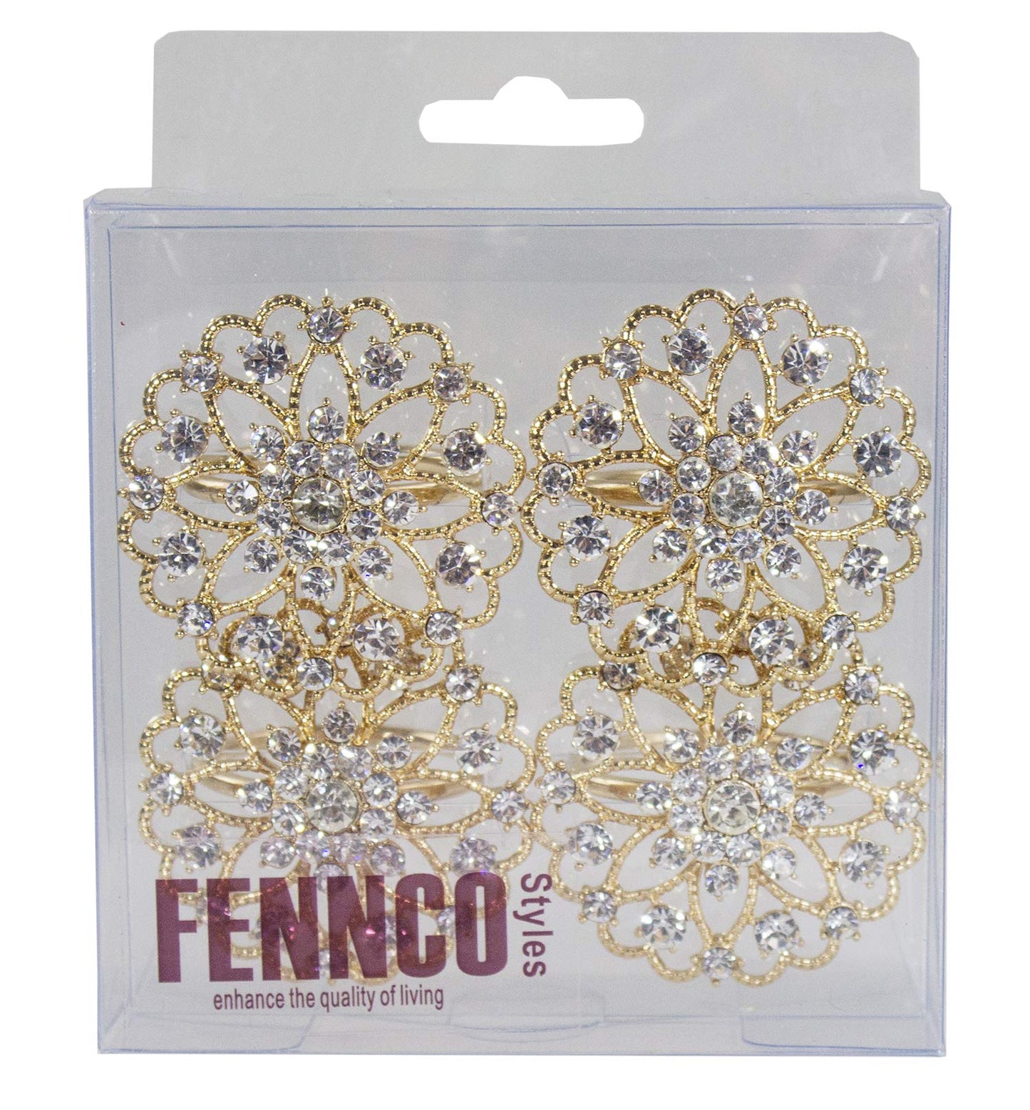 Fennco Styles Rhinestone Crystal Flower Napkin Rings Wedding Holiday Table Decoration - Set of 4