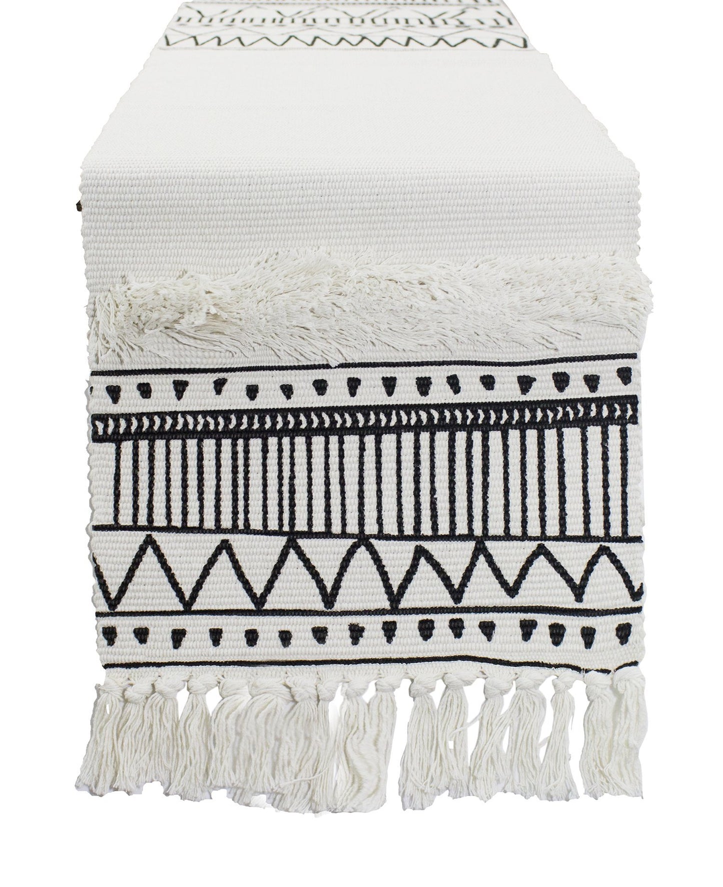Fennco Styles Ivory Boho Tribal Textured Table Runner with Tassels - Woven Diamond Cotton Blend Table Cover for Boho Décor, Dining Table, Banquets, Family Gatherings