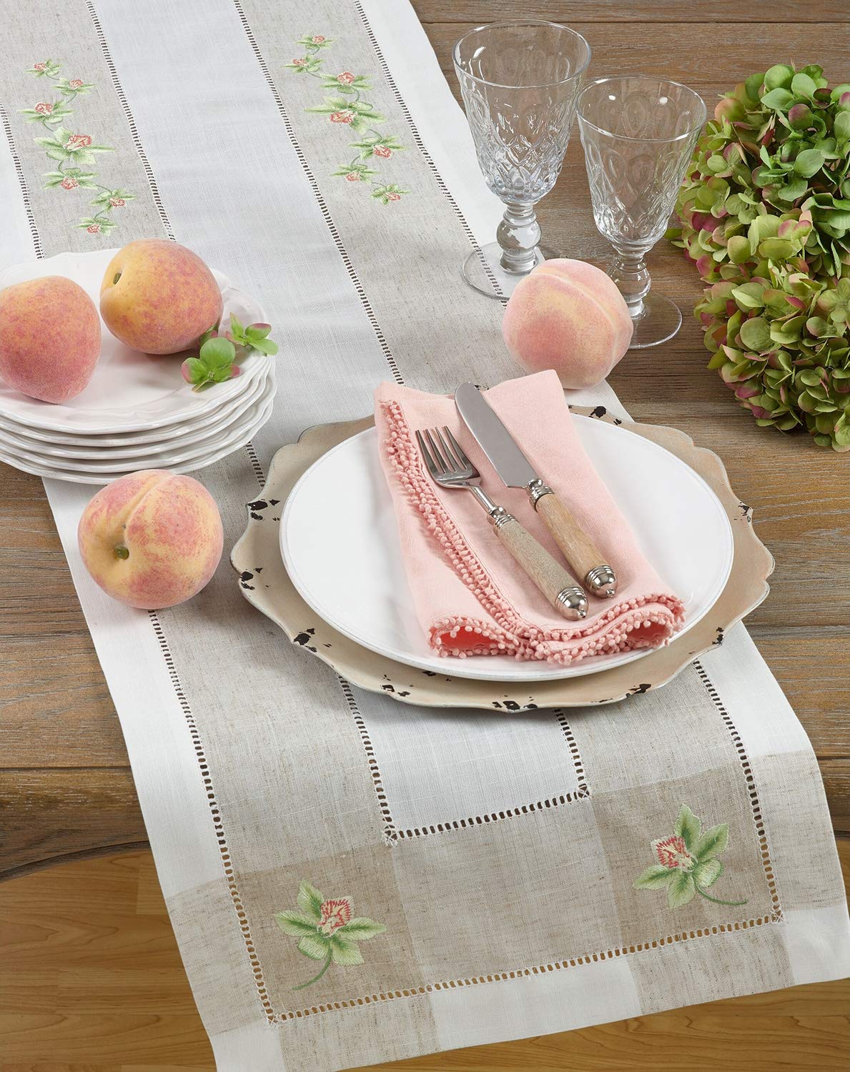 Fennco Styles Hommage Brodé Collection Cottage Lemon Embroidery Border Hemstitch Table Runner 15 x 70 Inch – Ivory Table Cover for Wedding, Banquet, Tea Party and Home Décor