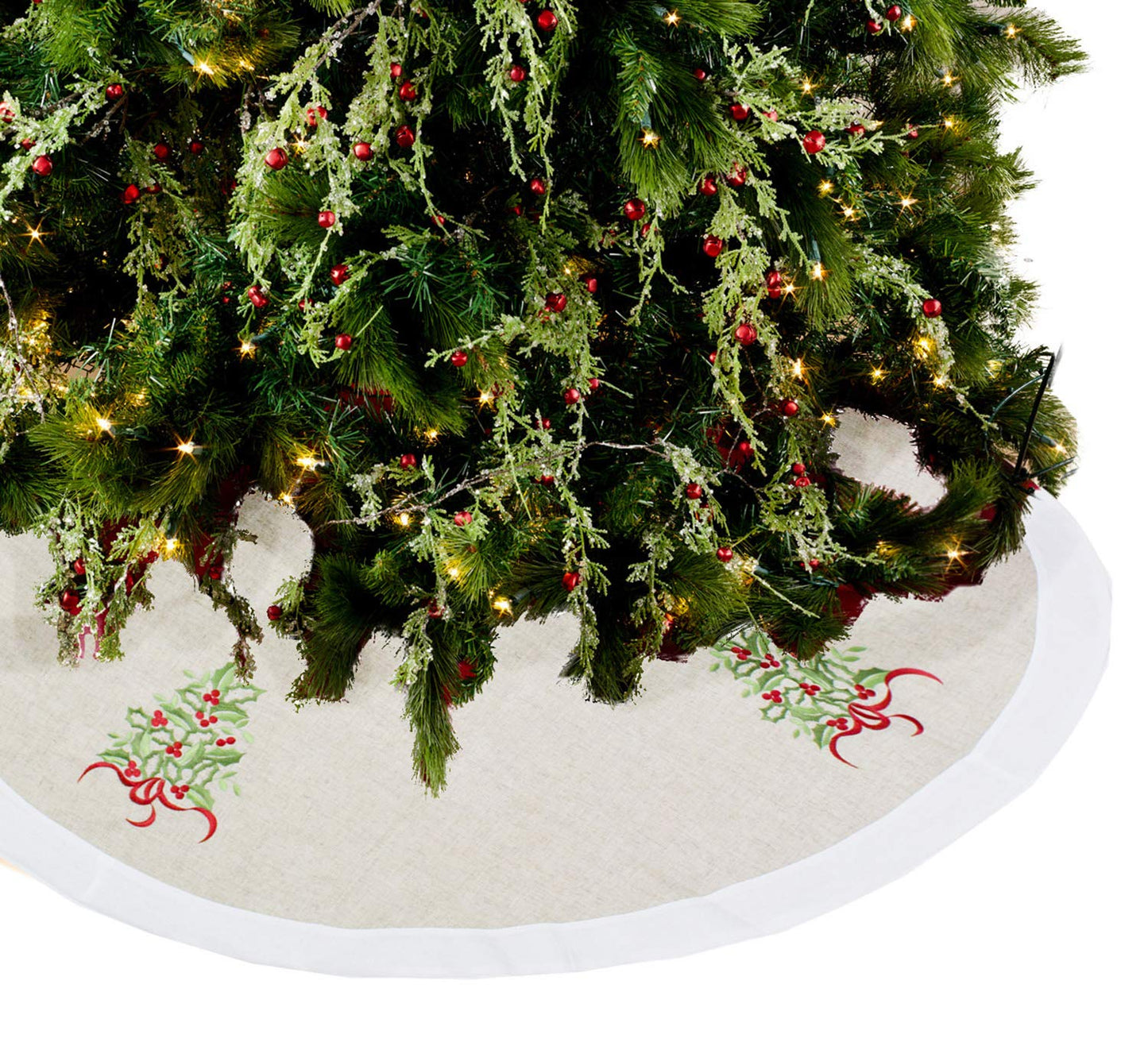 Fennco Styles Embroidered Holly Christmas Tree Holiday Decorative Tree Skirt