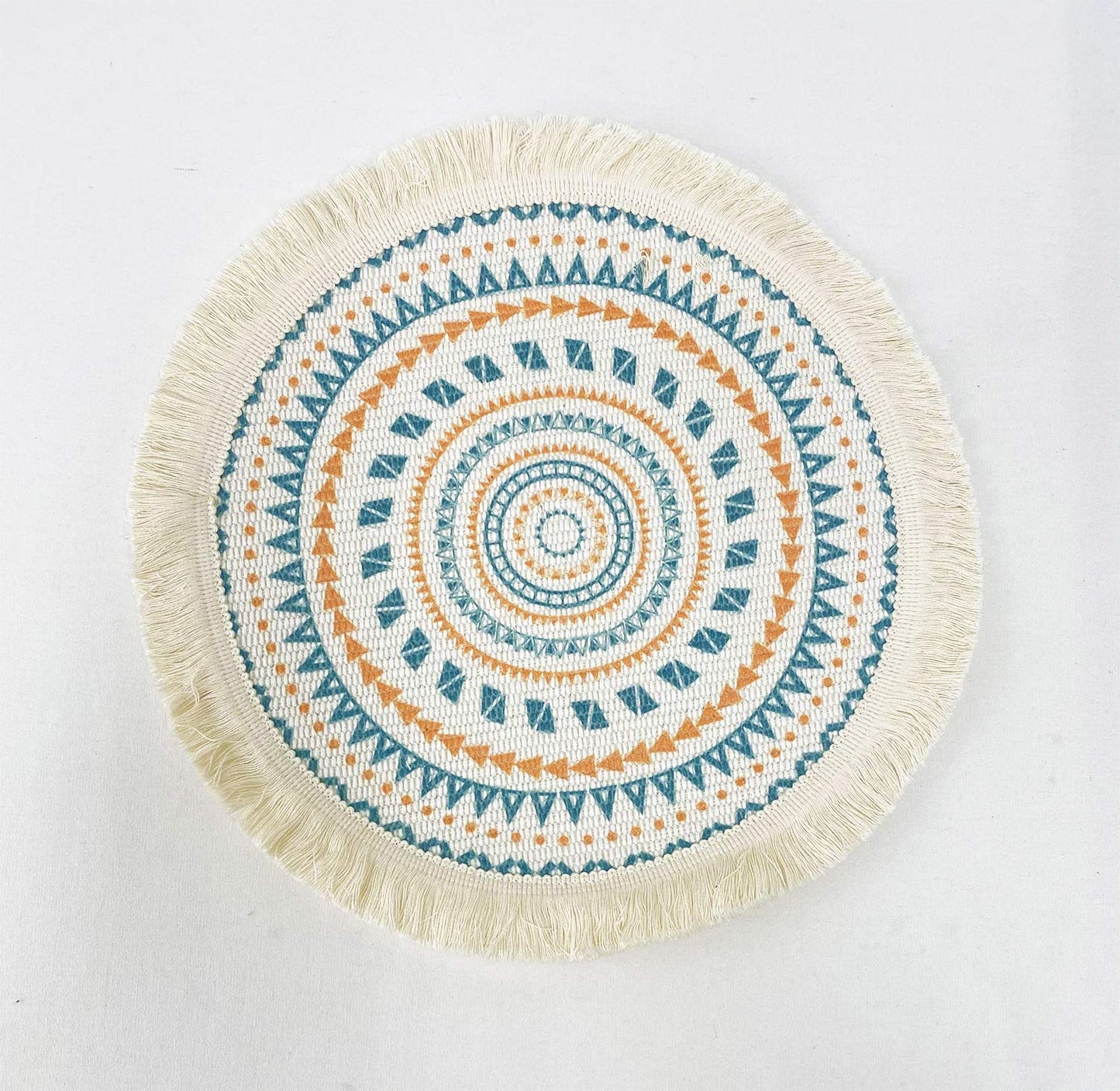 Fennco Styles Boho Geometric Fringe Decorative Cotton Placemats 13-inch Round, Set of 4 - Heat Resistant Insulation Table Mats for Home Decor, Dining Table, Banquets and Special Events