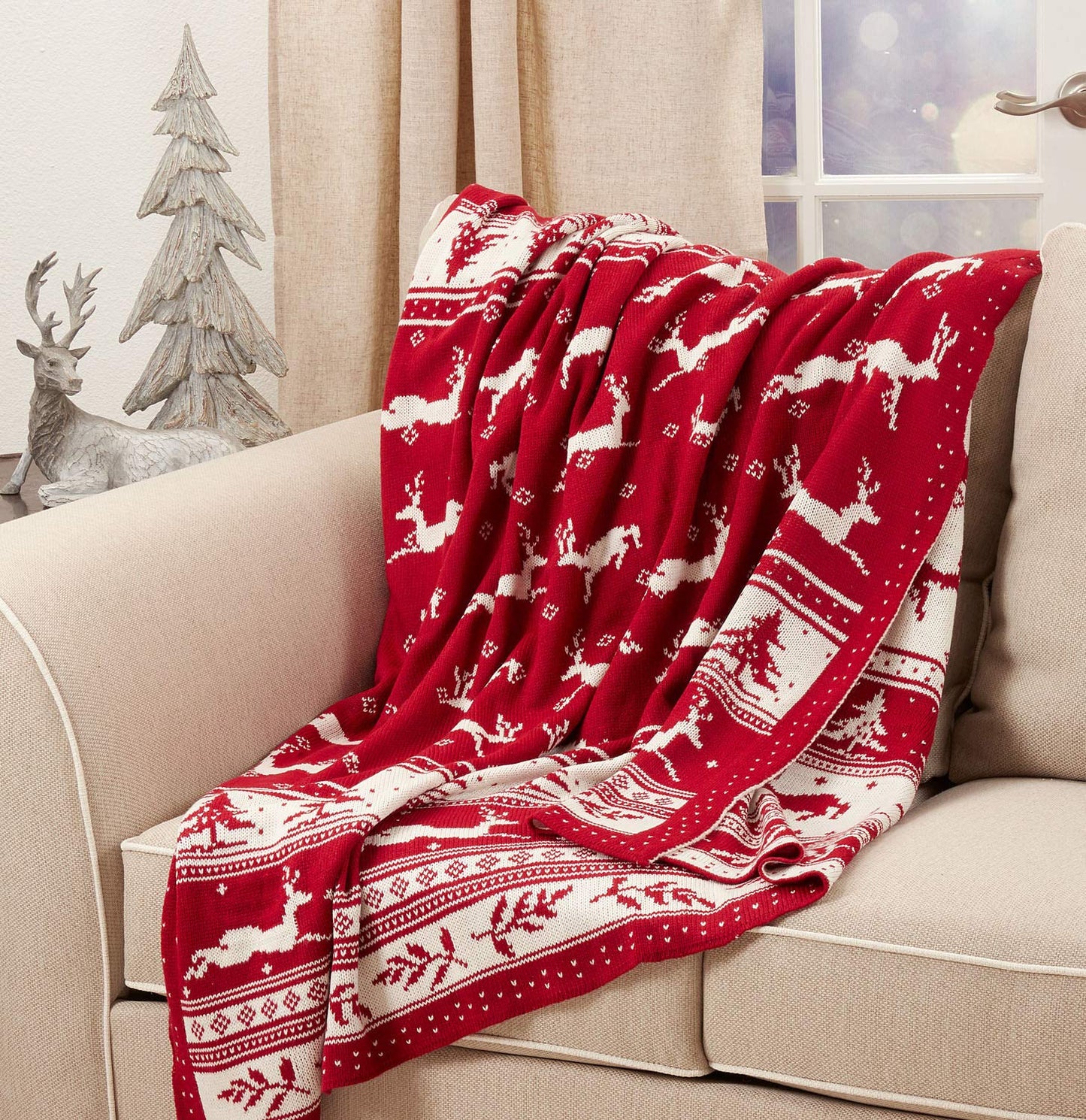 Fennco Styles Reversible Christmas Design Knitted Throw Blanket 50" W x 60" L – Red Blanket for Bed, Couch, Sofa, Home Décor, Ideas