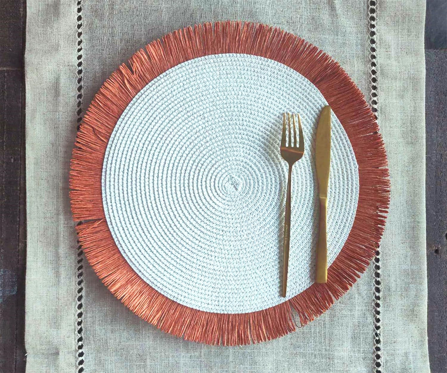 Fennco Styles Handwoven Fringe Boho Placemats 15" Round - Natural Braided Texture Table Mats for Home, Dining Room, Banquets, Family Gathering and Special Occasion