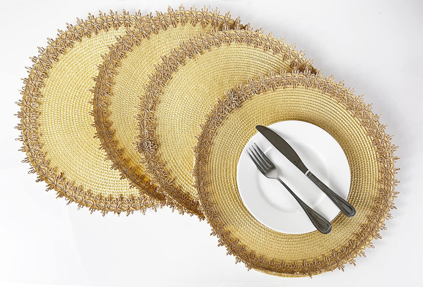 Fennco Styles Rustic Jute Border Handwoven Placemats 15" Round, Set of 4 - Natural Braided Table Mats for Home, Dining Room Décor, Banquets, Holidays, Family Gatherings and Special Occasion