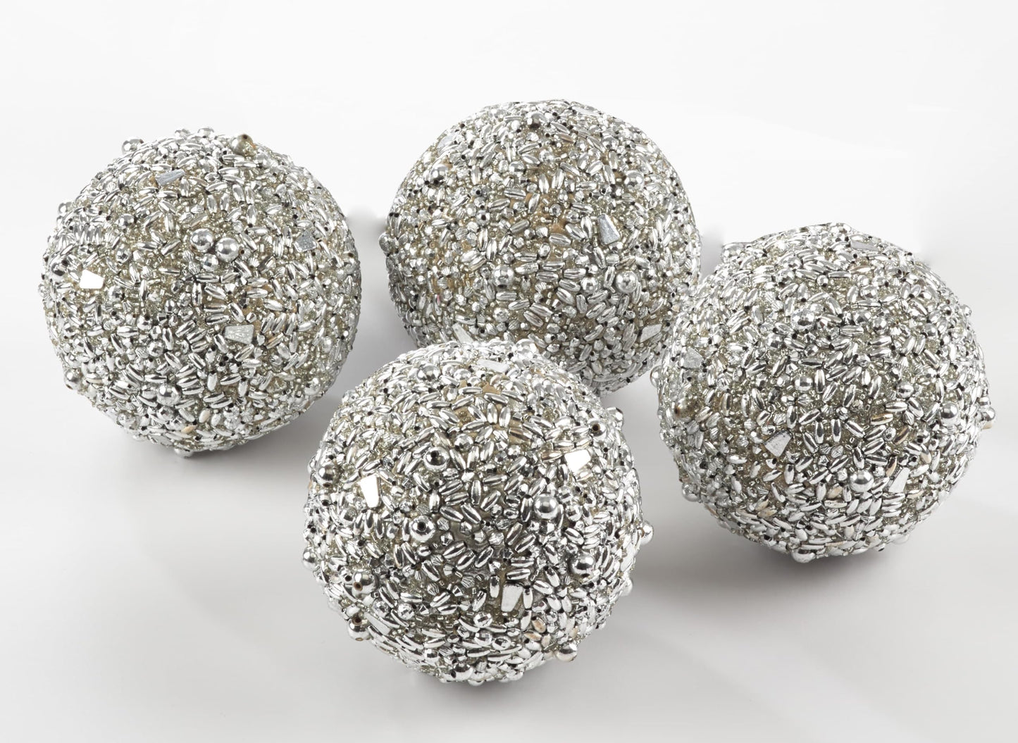 Fennco Styles Christmas Beaded Decorative Spheres 4", Set of 4 - Silver Shimmering Orbs for Home, Winter Holidays, Centerpiece, Weddings and Tabletop Décor