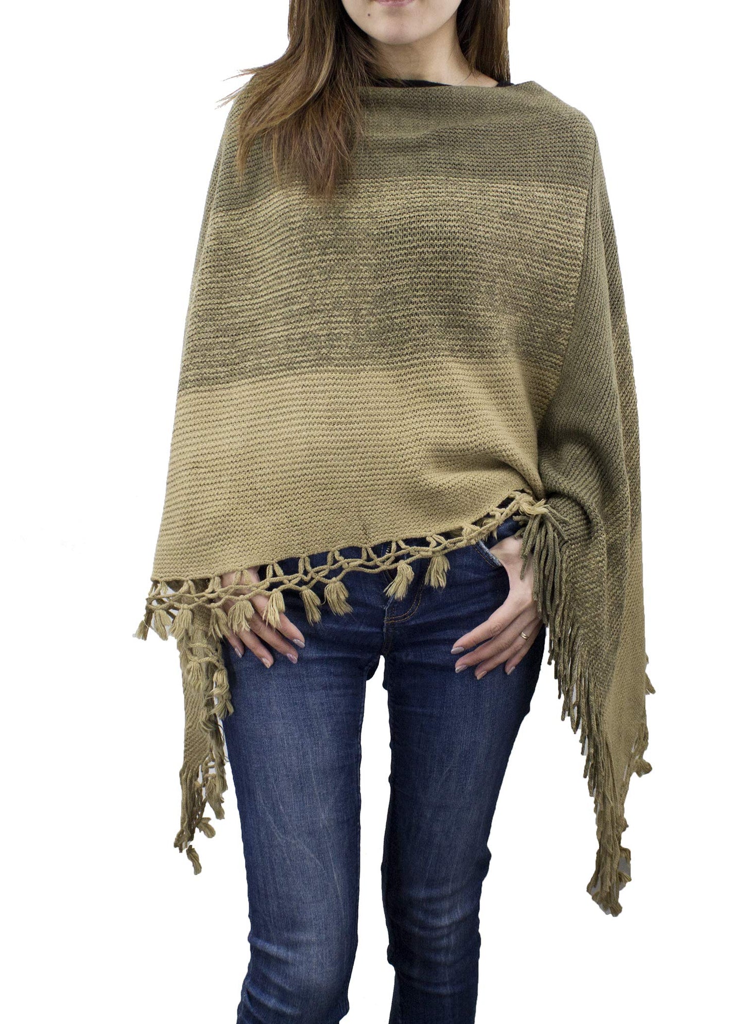 stylesilove Women Color Block Fringe Tassel Poncho Sweater Pullover Cardigan Wrap Topper for Warm Seasons