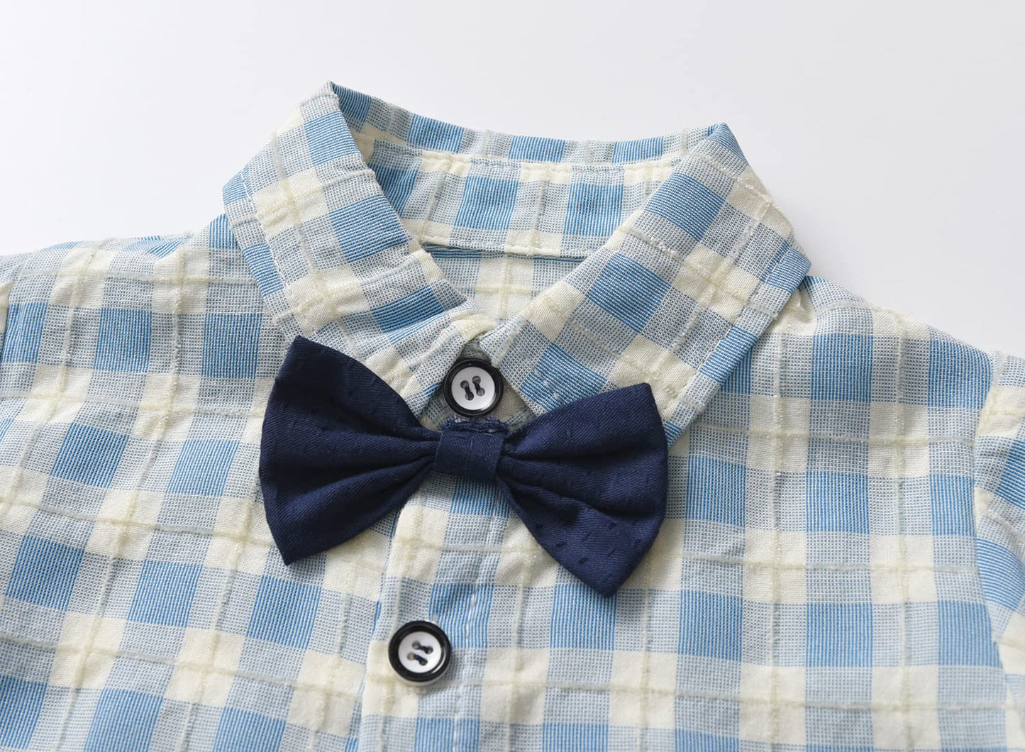 stylesilove Little Boys Short Sleeve Plaid Shirt and Suspender Bottom, Bowtie 3pcs Gentleman Suit Set Cotton Overalls Outfit