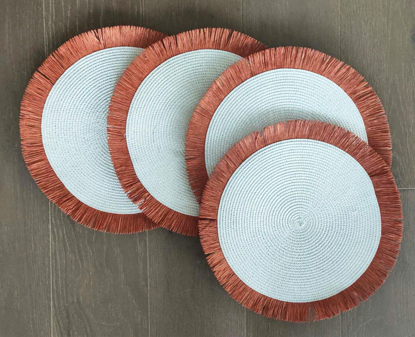 Fennco Styles Handwoven Fringe Boho Placemats 15" Round - Natural Braided Texture Table Mats for Home, Dining Room, Banquets, Family Gathering and Special Occasion