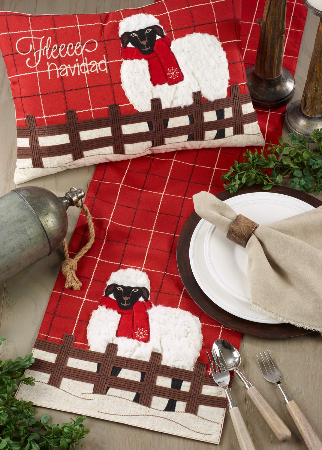 Fennco Styles Christmas Plaid Table Runner with Sheep Design 13 x 72 Inch - Red Table Cover for Home Décor, Banquets, Holiday Gathering and Special Events