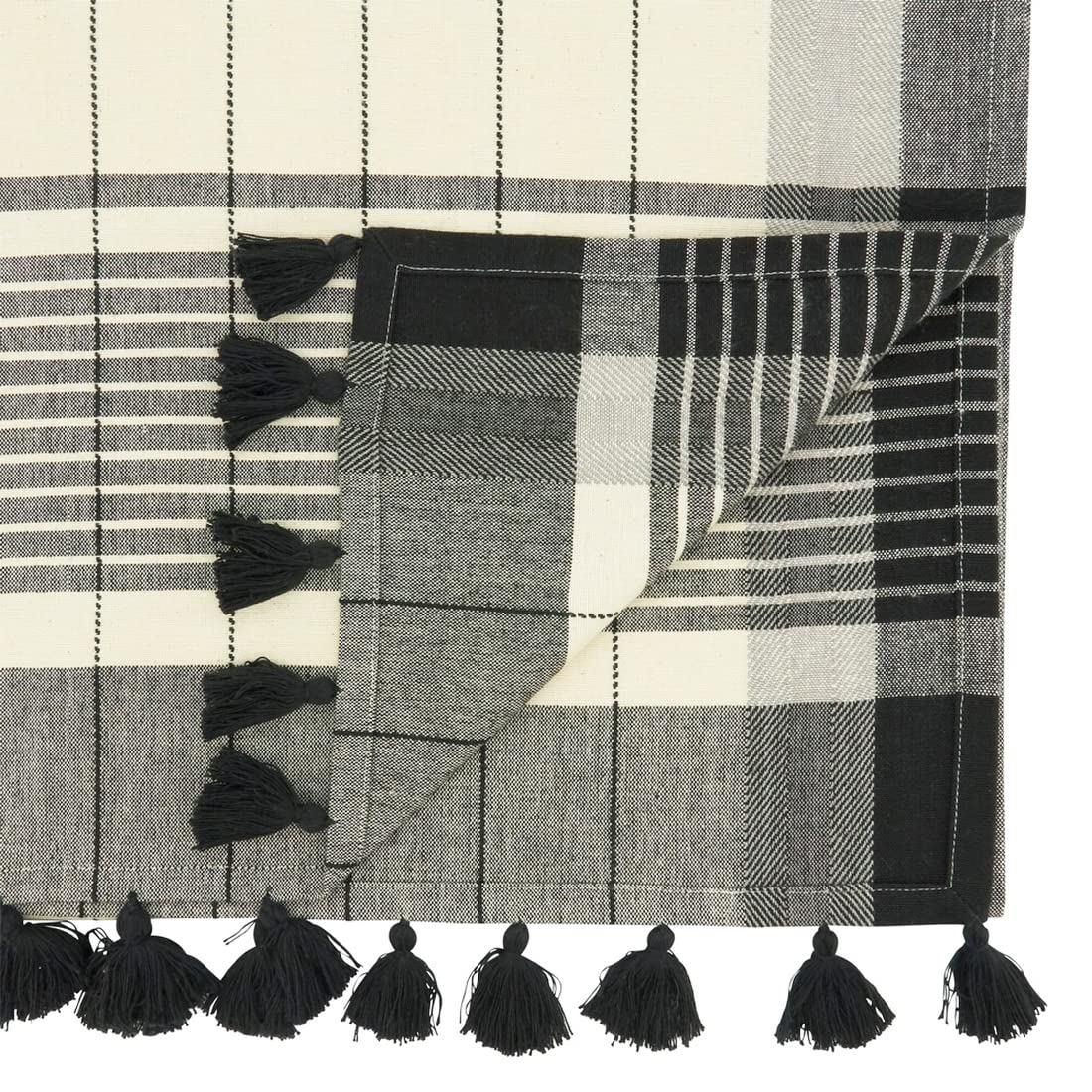 Fennco Styles Striped Tassel Cotton Table Runner 16" W x 72" L - Black & White Woven Table Cover for Home, Dining Room, Banquets, Family Gatherings , Holidays and Special Occasion