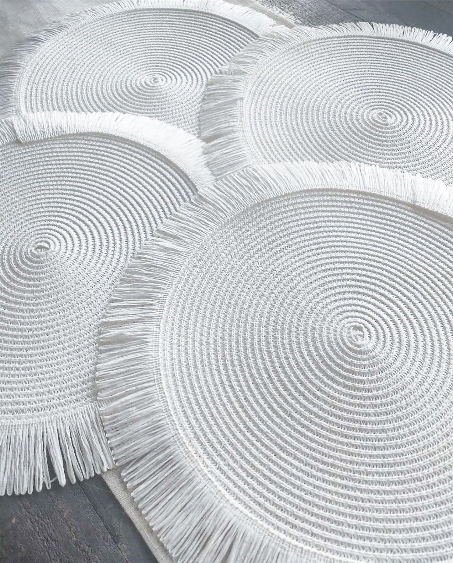 Fennco Styles Handwoven Fringe Boho Placemats 15" Round - Natural Braided Texture Table Mats for Home, Dining Room, Banquets, Family Gathering and Special Occasion