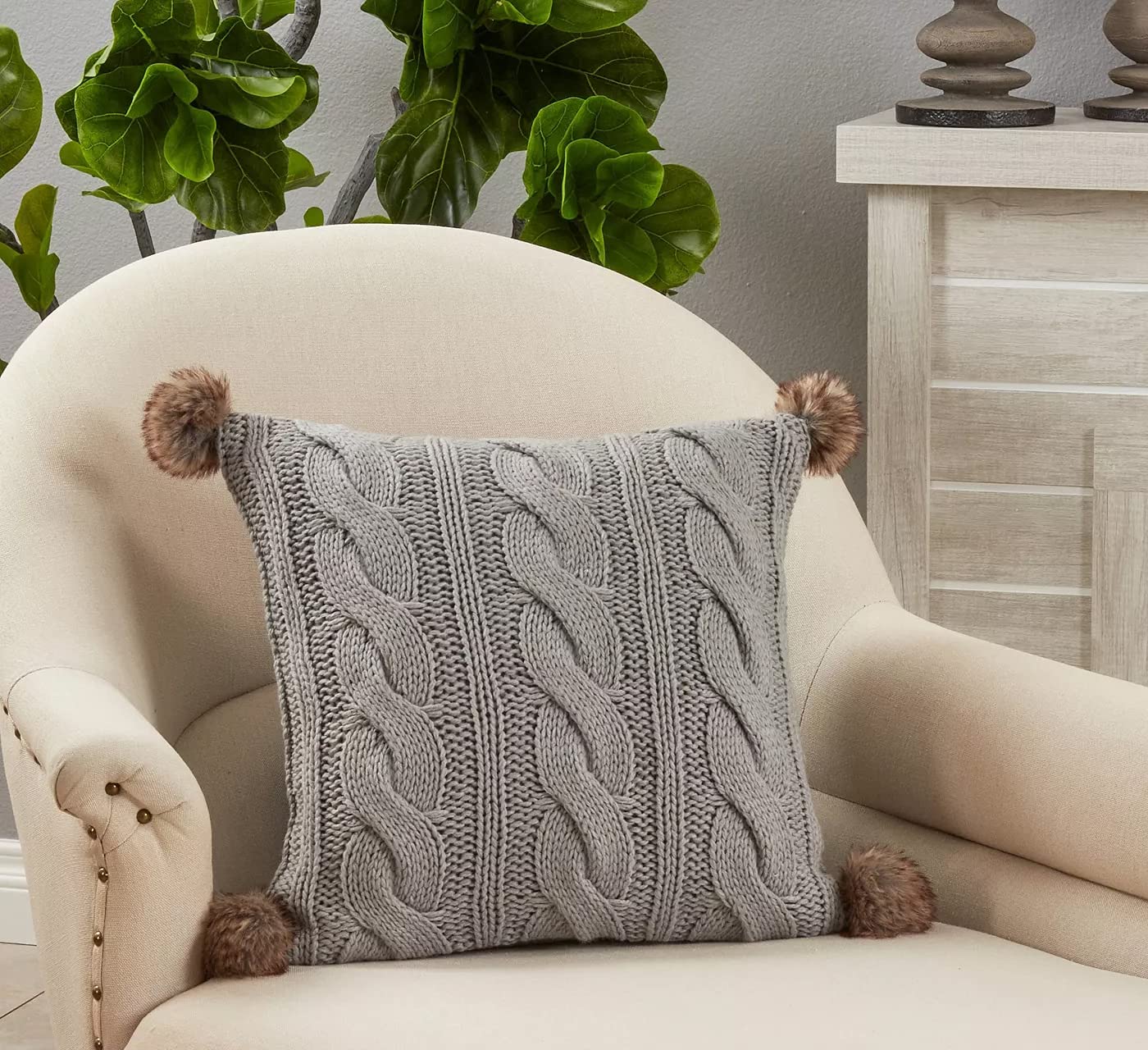 Fennco Styles Classic Cable Knitted Pom Pom Decorative Throw Pillow 18" W x 18" L – Grey Textured Cushion for Home, Couch, Sofa, Bedroom, Office Décor and Special Occasion