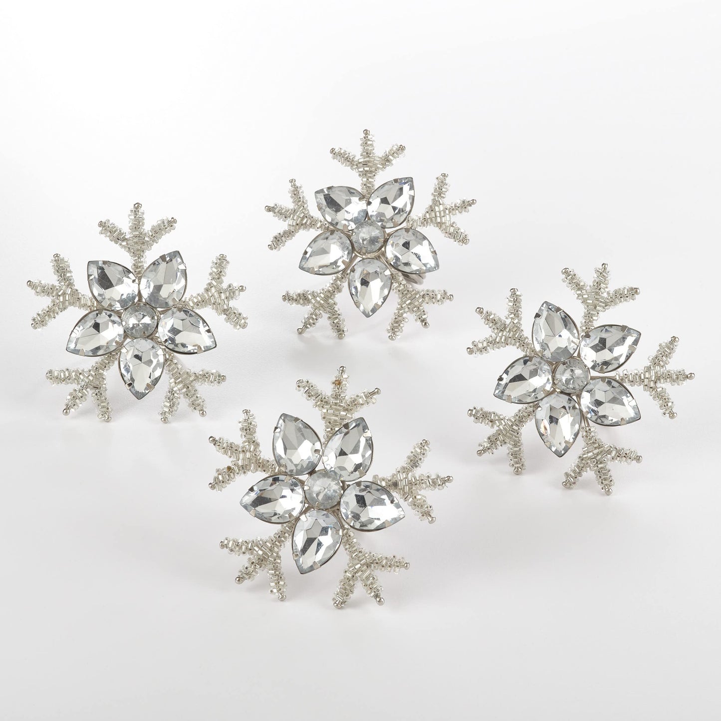 Fennco Styles Beaded Snowflake Holiday Napkin Rings, Set of 4 - Silver Jeweled Napkin Holders for Home Décor, Christmas, Banquets, Weddings and Special Occasions