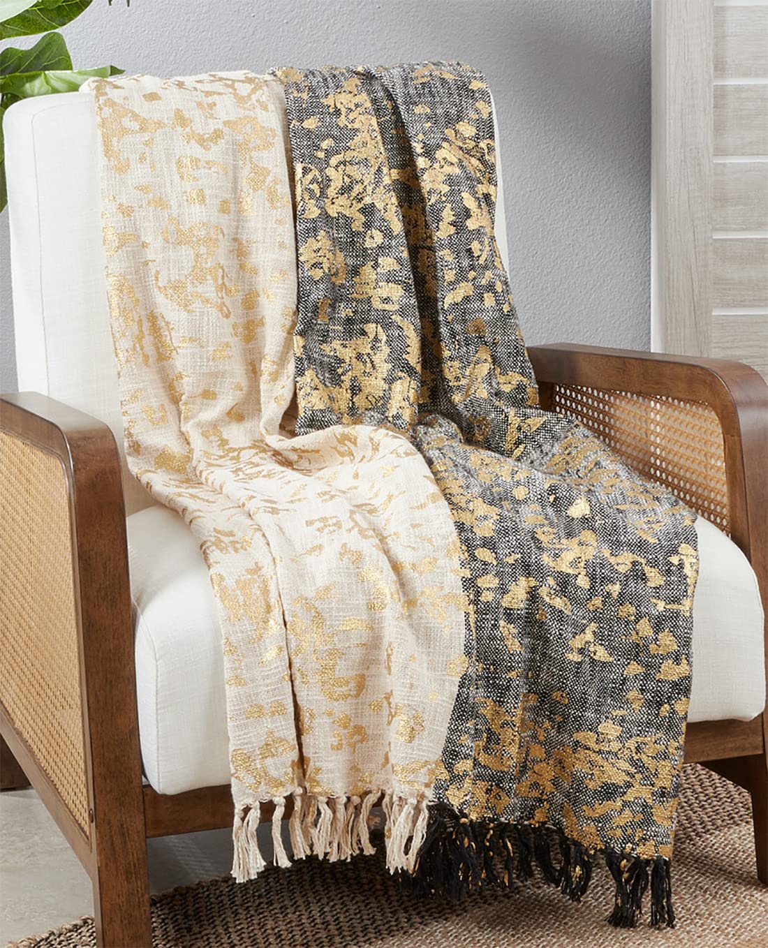 Fennco Styles Black & White Foil Print Tassel Cotton Throw Blanket 52" W x 68" L – Two-Tone Woven Textured Blanket for Bed, Couch, Sofa, Holidays, Home Décor and Office Décor