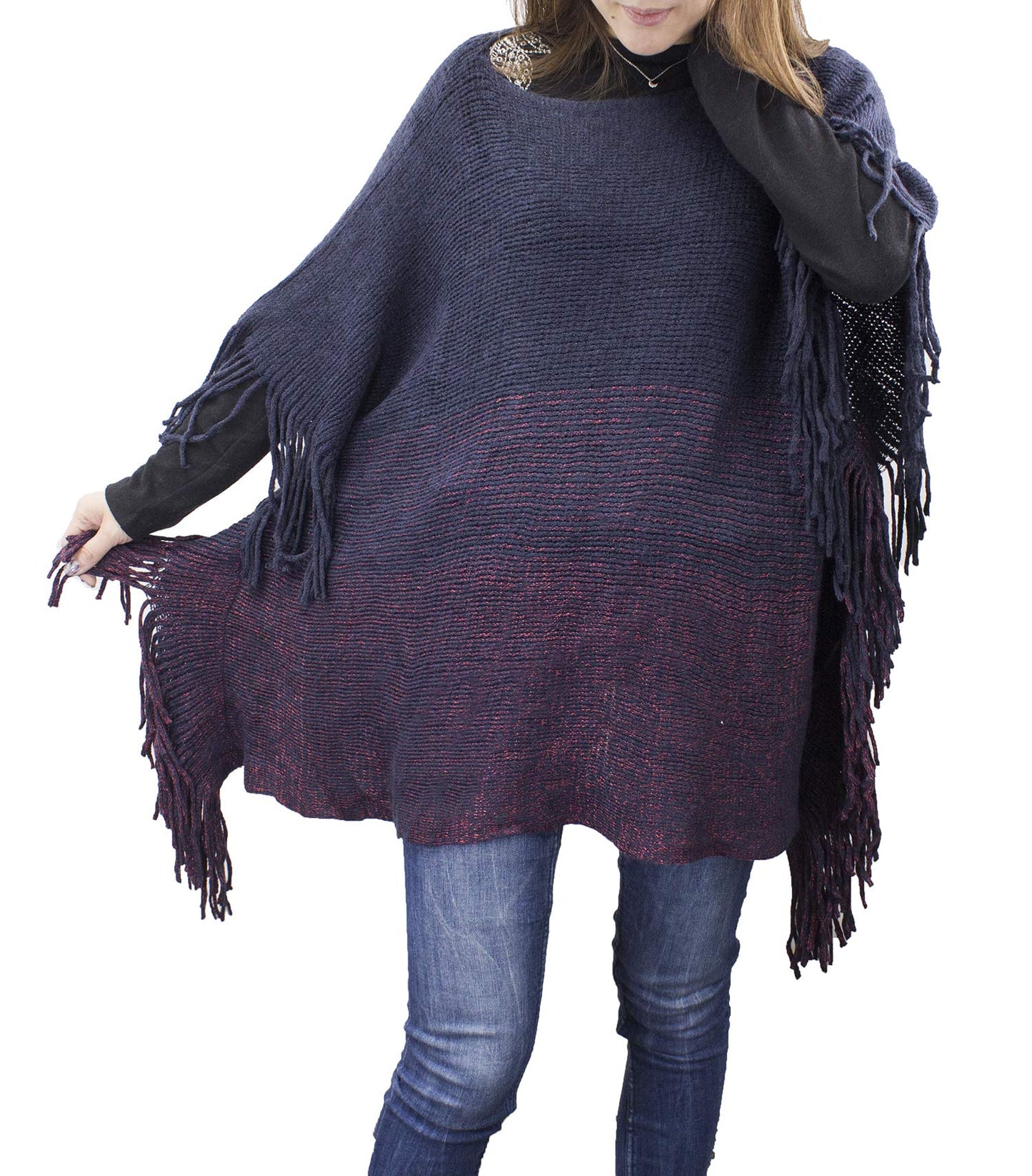 stylesilove Womens Knit Two Tone Batwing Fringe Poncho Cardigan Pullover Cozy Sweater Wrap Jacket