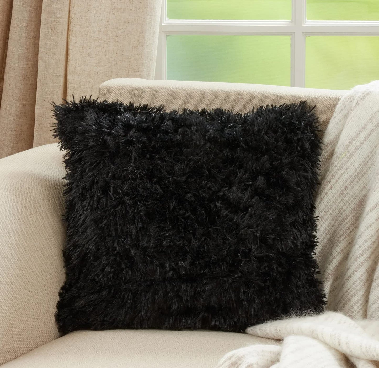 Fennco Styles Classic Faux Fur Decorative Throw Pillow Cover 18 x 18 Inch - Ivory Plush Cushion Case for Home, Couch, Living Room, Office and Holiday Décor