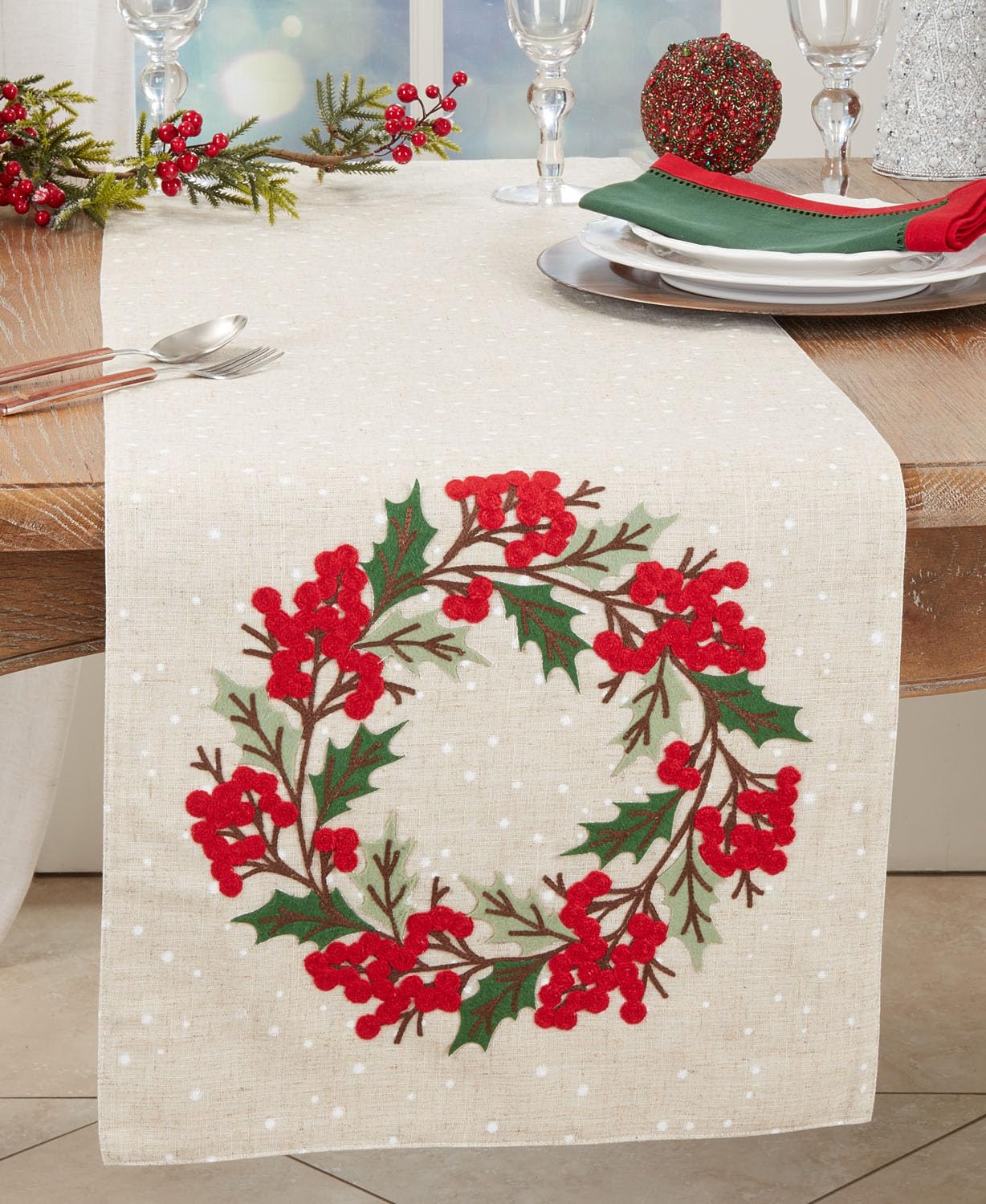 Fennco Styles Holly Berry Wreath Christmas Table Runner 16"W x 70"L - Natural Festive Linen Blend Table Cover for Winter Holidays Décor, Dining Table, Banquet, Family Gathering, and Special Occasions