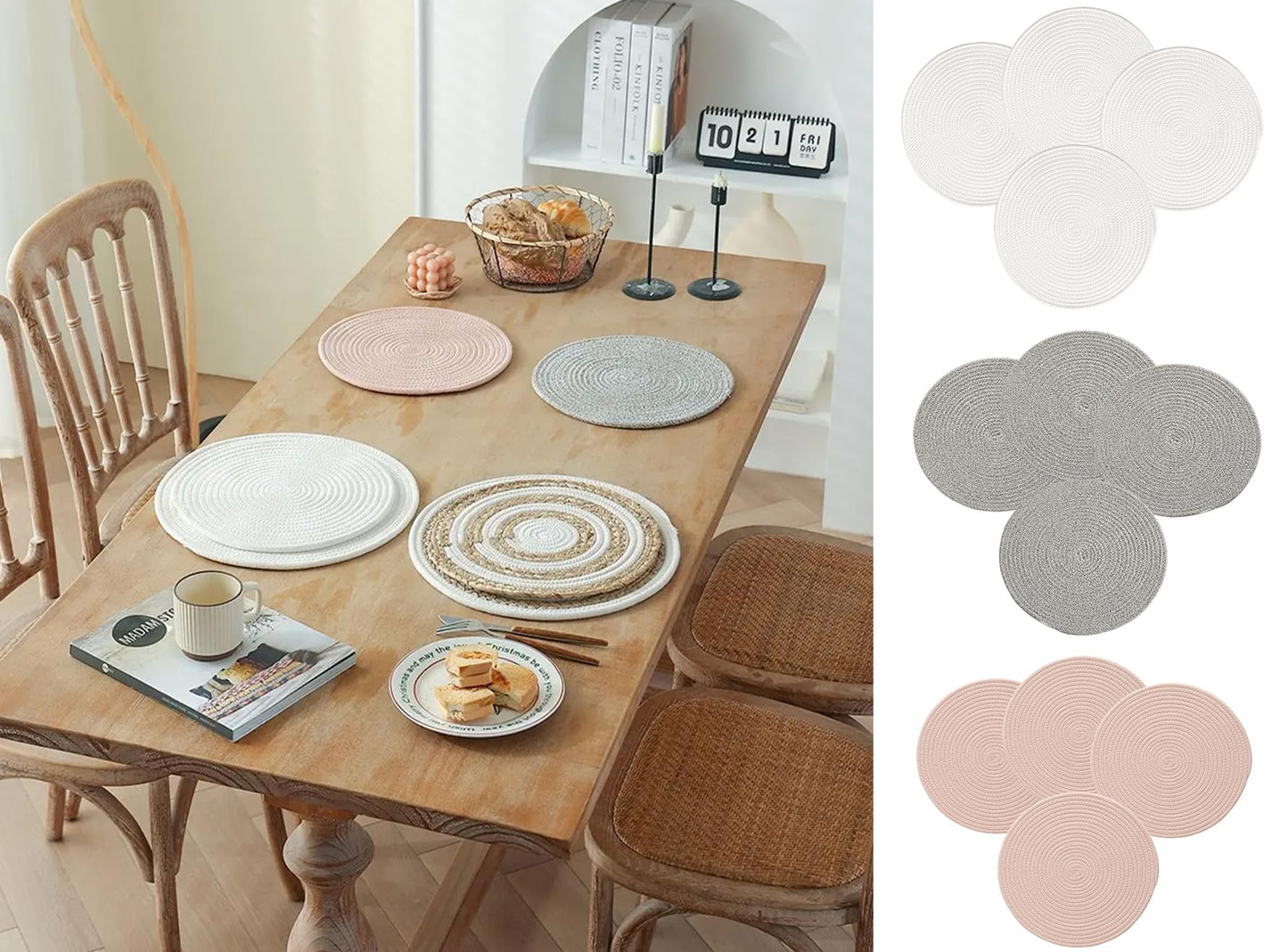 Fennco Styles Braided Design Solid Everyday Placemats 12" Round, Set of 4 - Textured Heat Resistant Insulation Table Mats for Home, Kitchen Décor, Dining Table, Banquets, Holidays