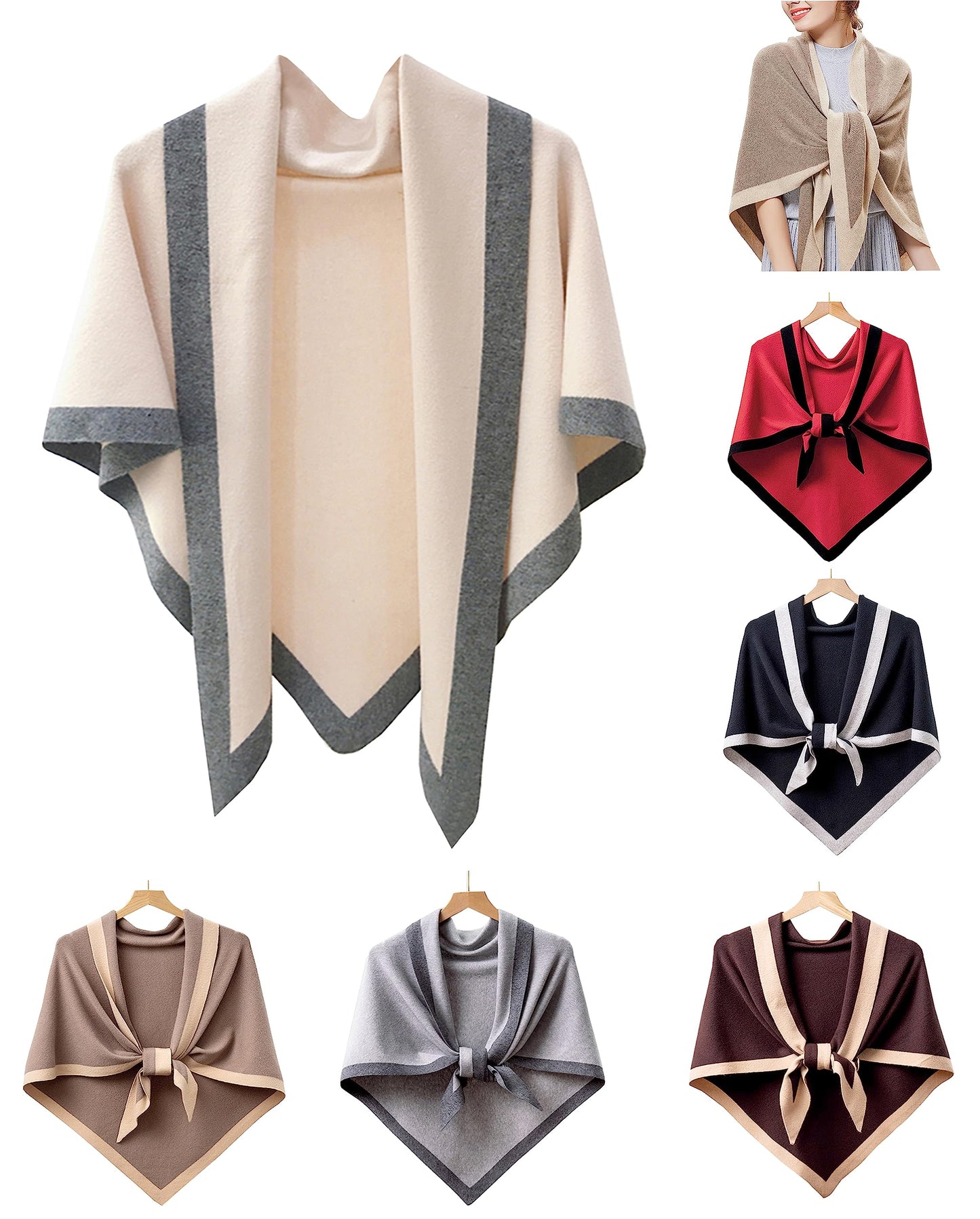 stylesilove Women Wool Blend Cashmere Knitted Solid Color Triangular Shawl with Contrast Border Lightweight Stole Wrap Scarf