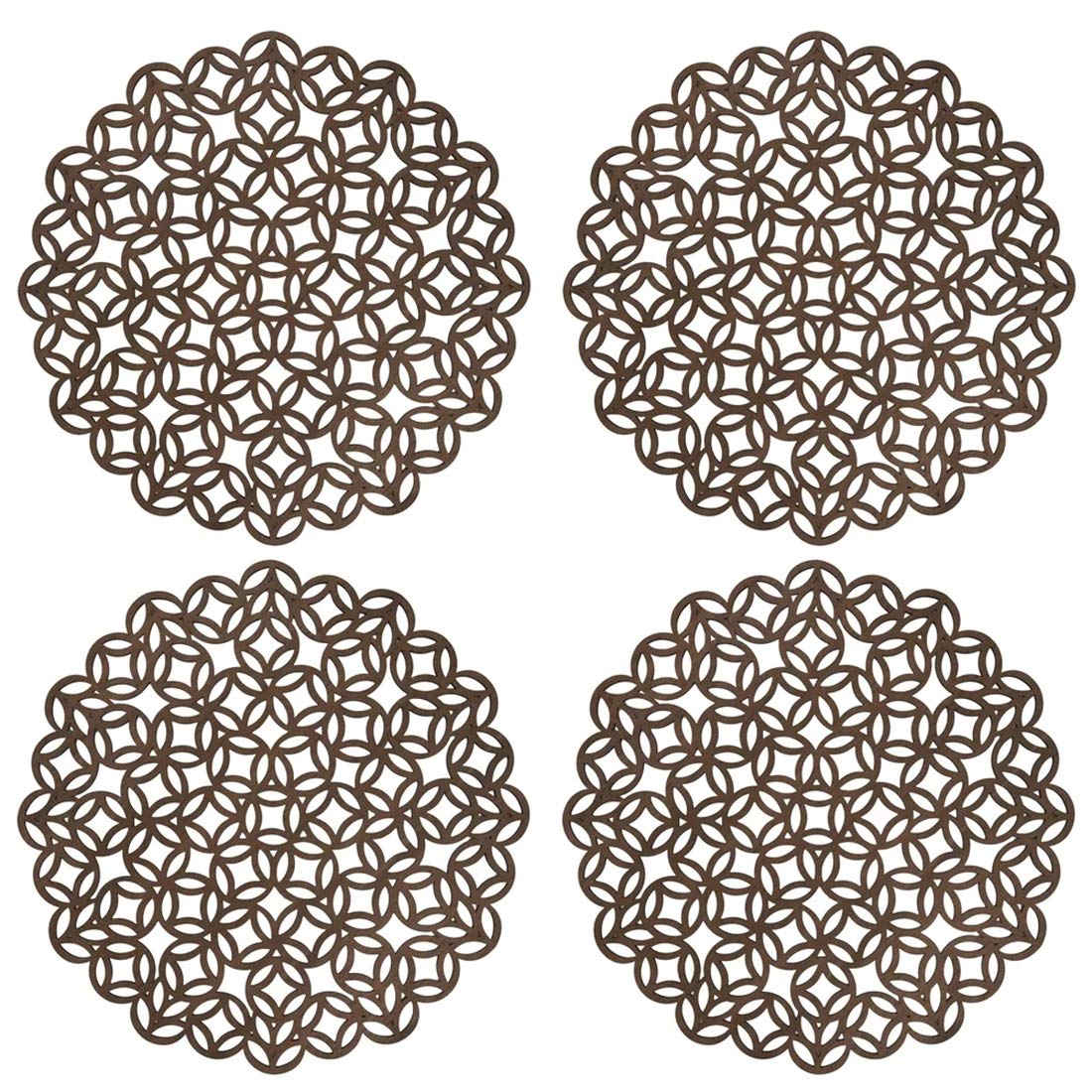 Fennco Styles Unique Engineered Wood Laser Cut Placemats 15" Round, Set of 4 – Brown Modern Traycloth Table Mats for Home, Dining Room Décor, Banquets, Indoor Outdoor and Special Events