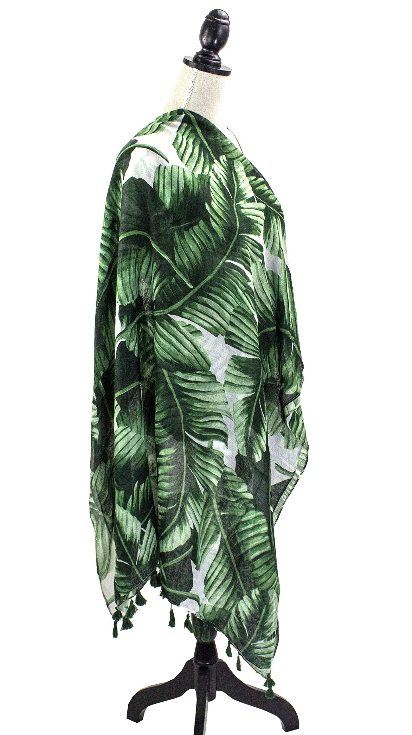 stylesilove Womens Cozy Tassels Oblong Cotton Scarf Lightweight Shawls Wrap (Palm Leaf/Green)