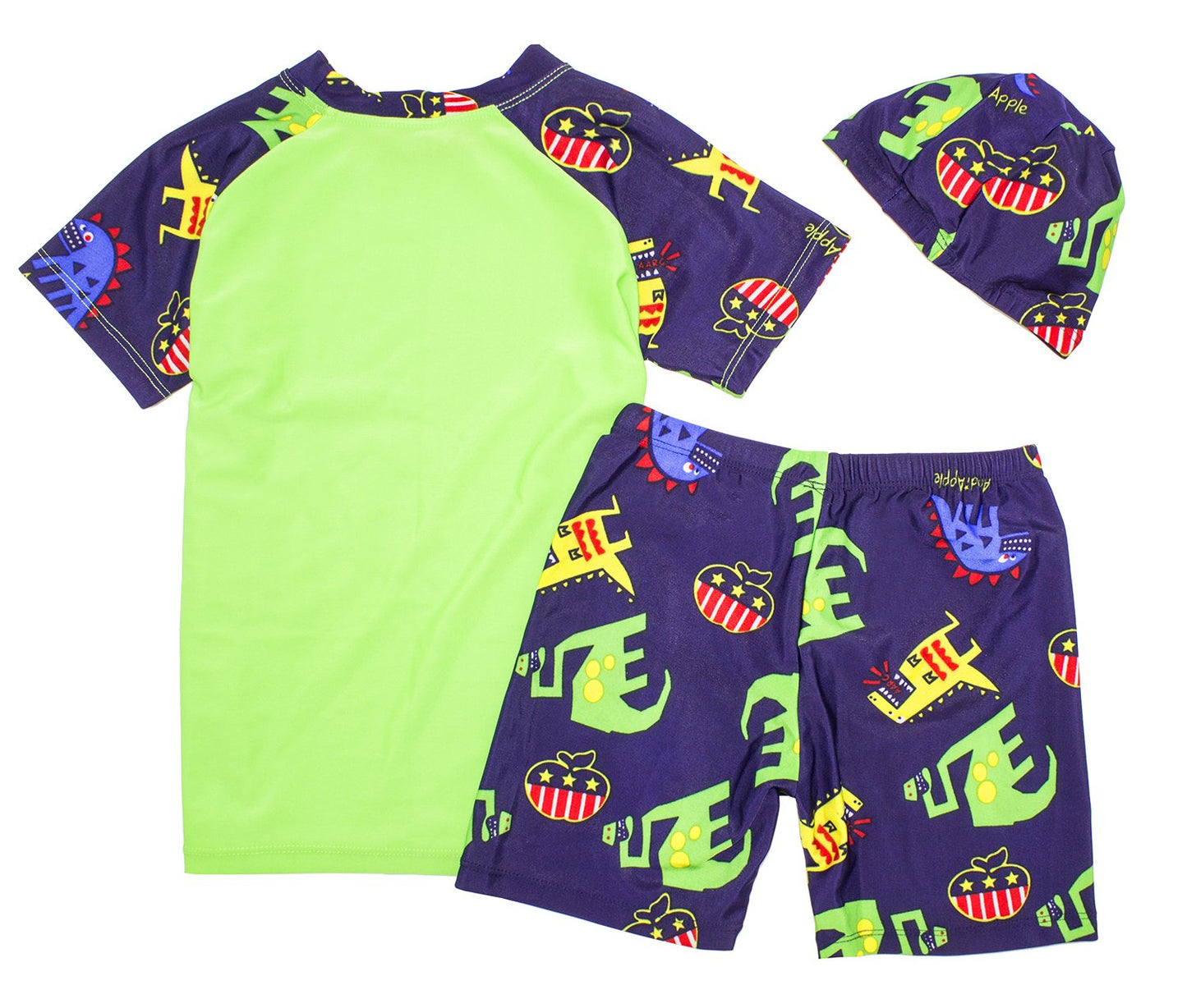 stylesilove Kids Boy Cartoon Dinosaur Shark Rashguard Top & Swim Shorts with Hat 3 pcs Set