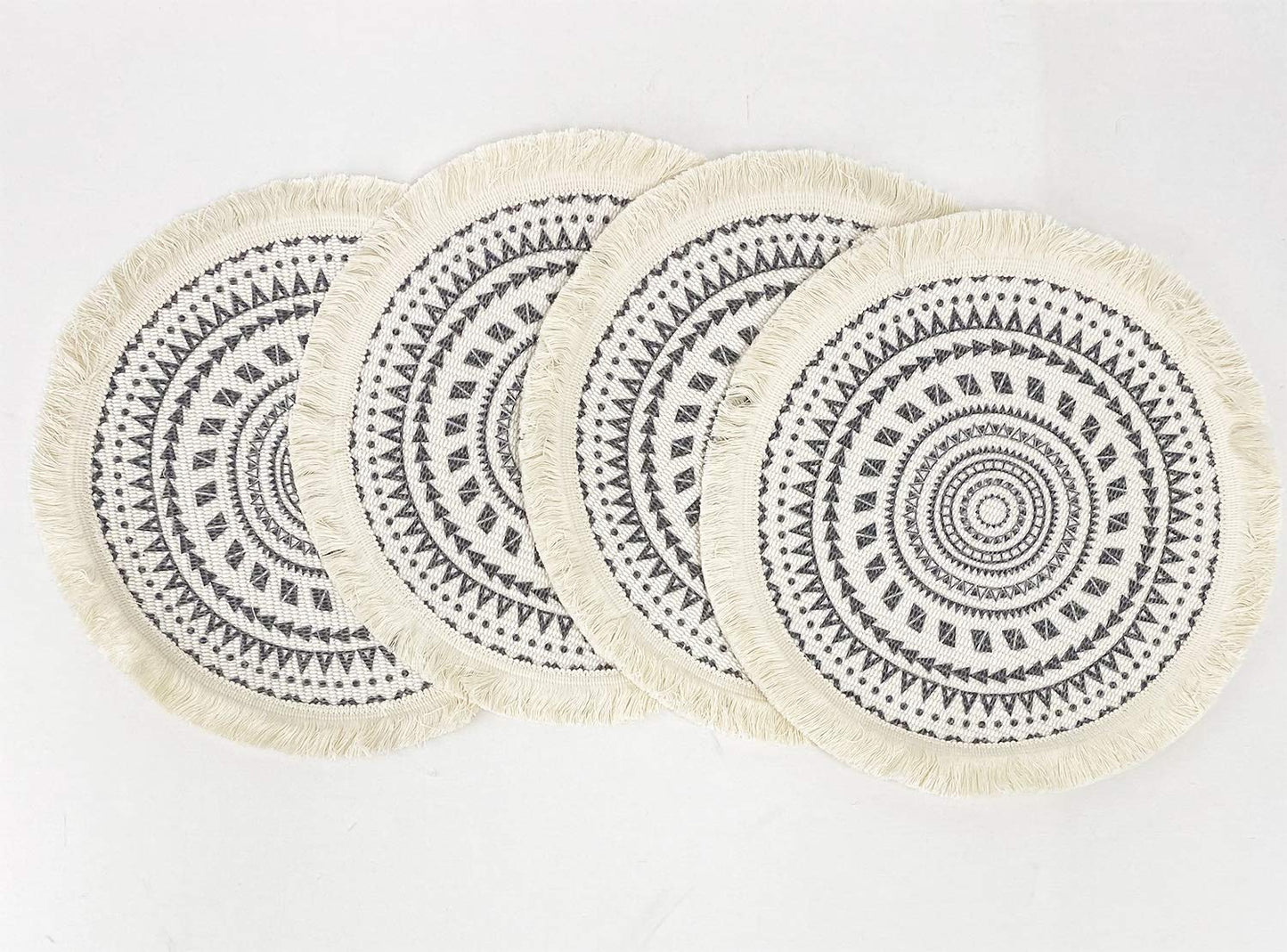 Fennco Styles Boho Geometric Fringe Decorative Cotton Placemats 13-inch Round, Set of 4 - Heat Resistant Insulation Table Mats for Home Decor, Dining Table, Banquets and Special Events