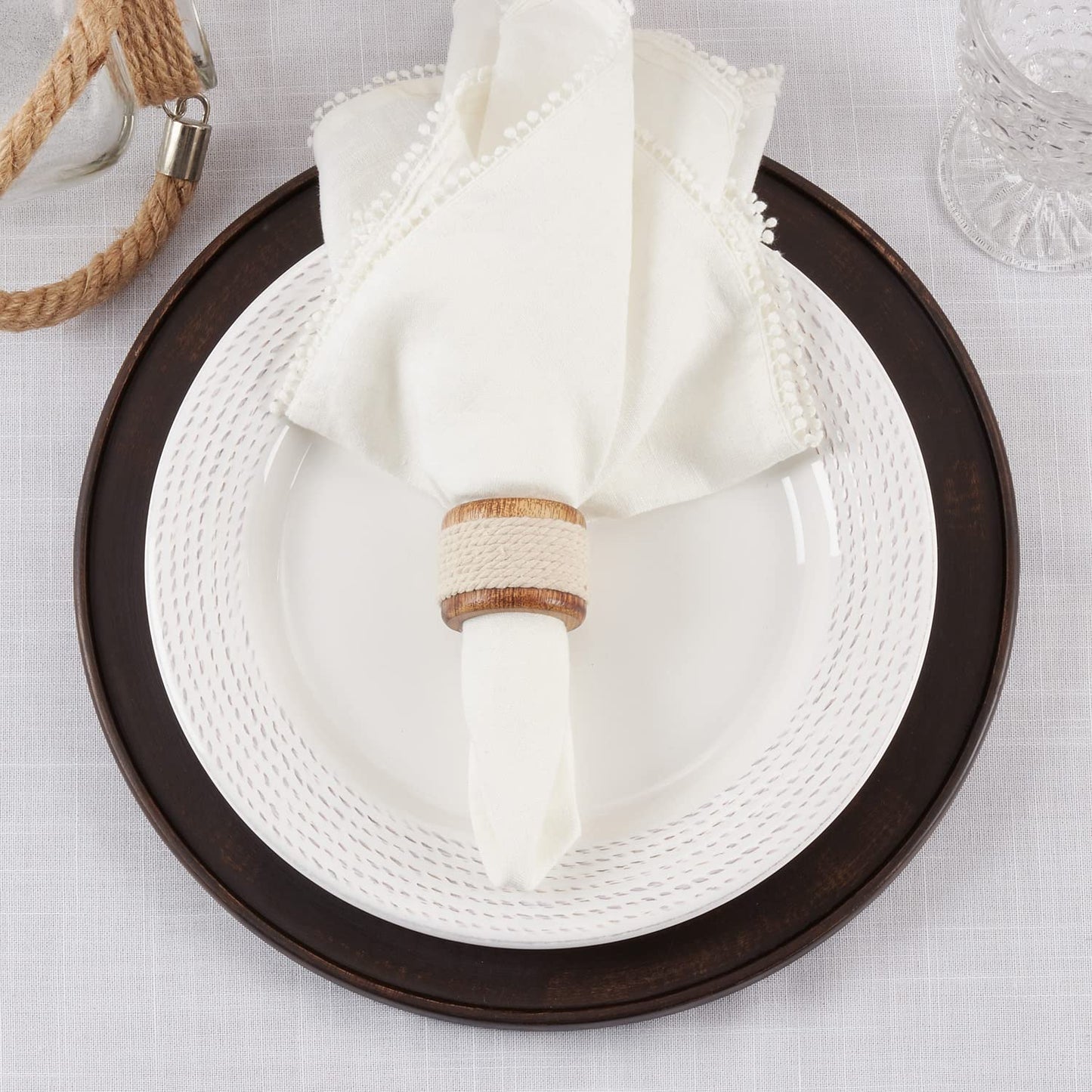 Fennco Styles Handmade Rope & Wood Design Napkin Rings, Set of 4 - Natural Decorative Napkin Holders for Home, Dining Room, Banquet, Family Gathering, Holiday and Special Occasion