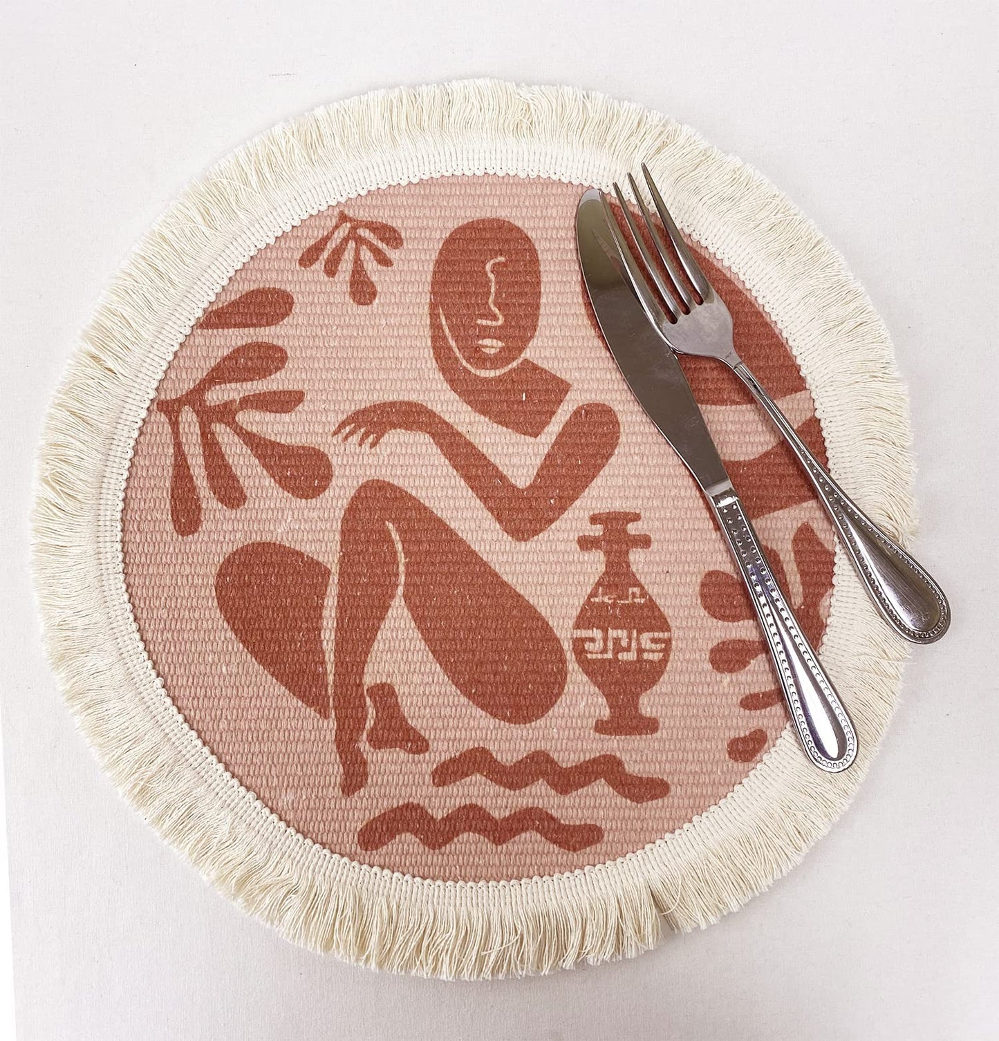 Fennco Styles Art Design Abstract Print Fringe Cotton Placemat 13" Round, Set of 4 - Woven Table Mats for Home Décor, Dining Table, Banquets and Special Events