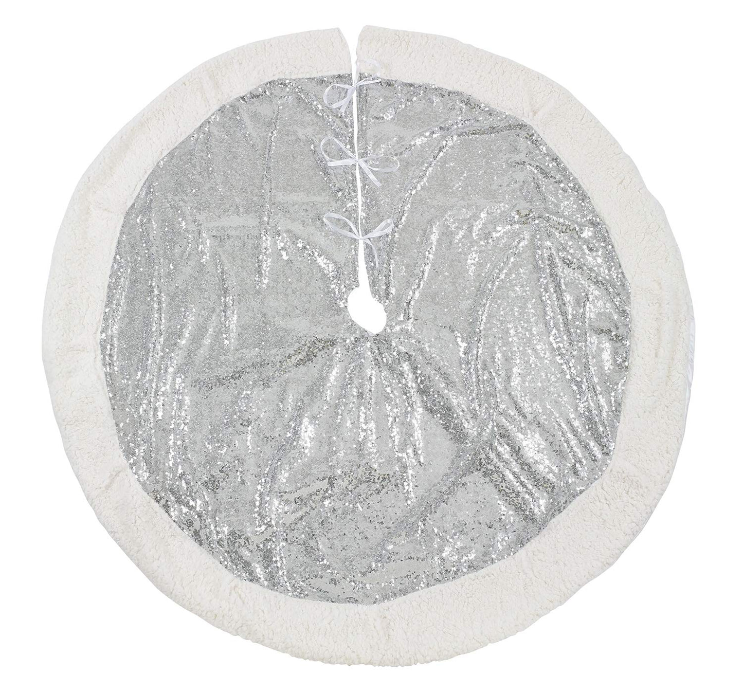Fennco Styles Unique Silver Sequin Sherpa Border Christmas Tree Skirt 56" Round