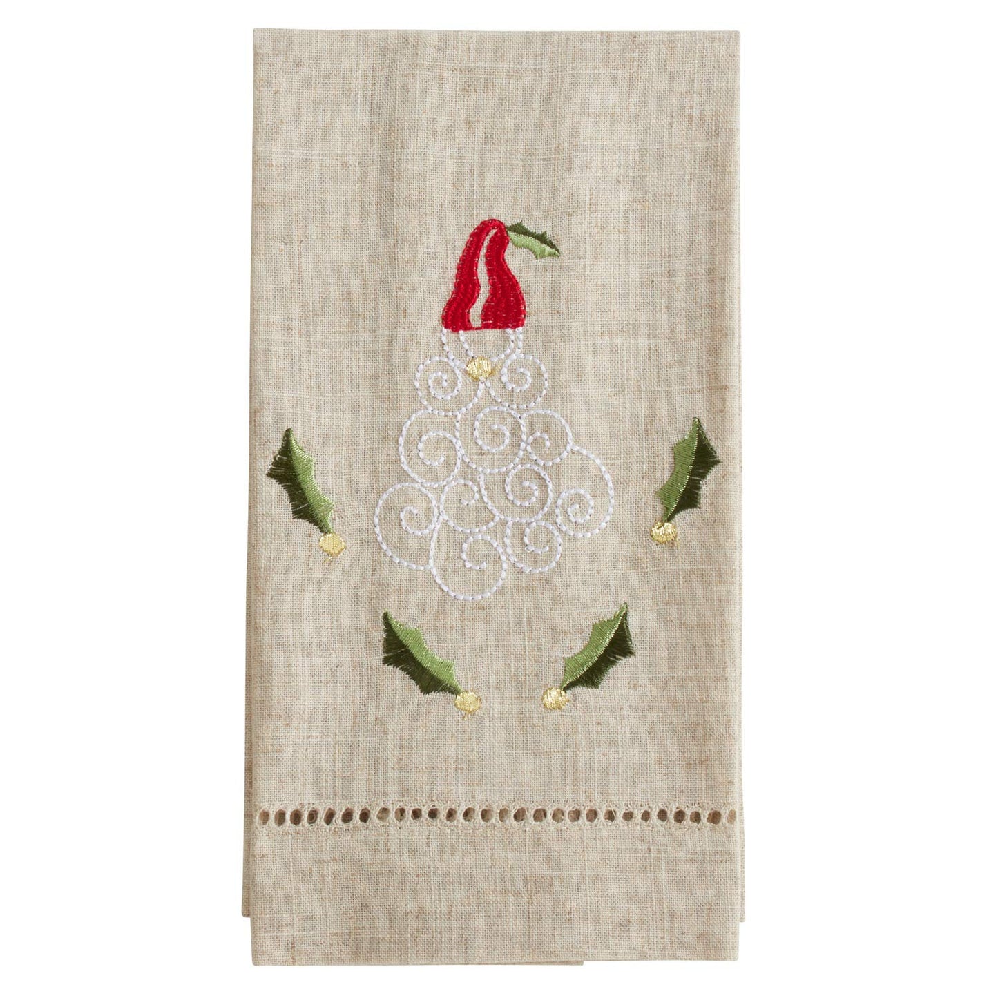 Fennco Styles Embroidered and Hemstitched Design Santa Linen-Poly Guest Towels 14 x 22 Inch, Set of 4 – Natural Modern Hand Towels for Christmas, Bathroom Decor, Bar Accessories, Wedding Gift