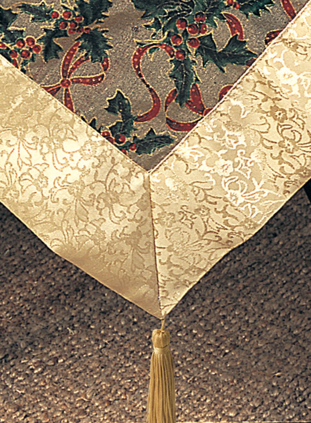 Fennco Styles Holly Ribbon Holiday Christmas Sheer Tablecloth - Gold Satin Border and Tassels Table Cover for Family Dinner, Banquets, Special Events and Home Decor