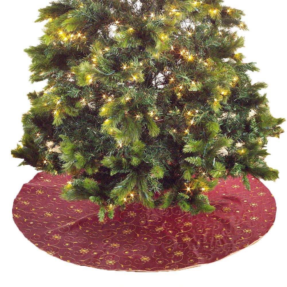 Fennco Styles Embroidered and Sequined Christmas Tree Skirt 54" X 54" Round - Burgundy Holiday Tree Skirt for Home, Holiday Tree, Indoor & Outdoor, and Special Occasion