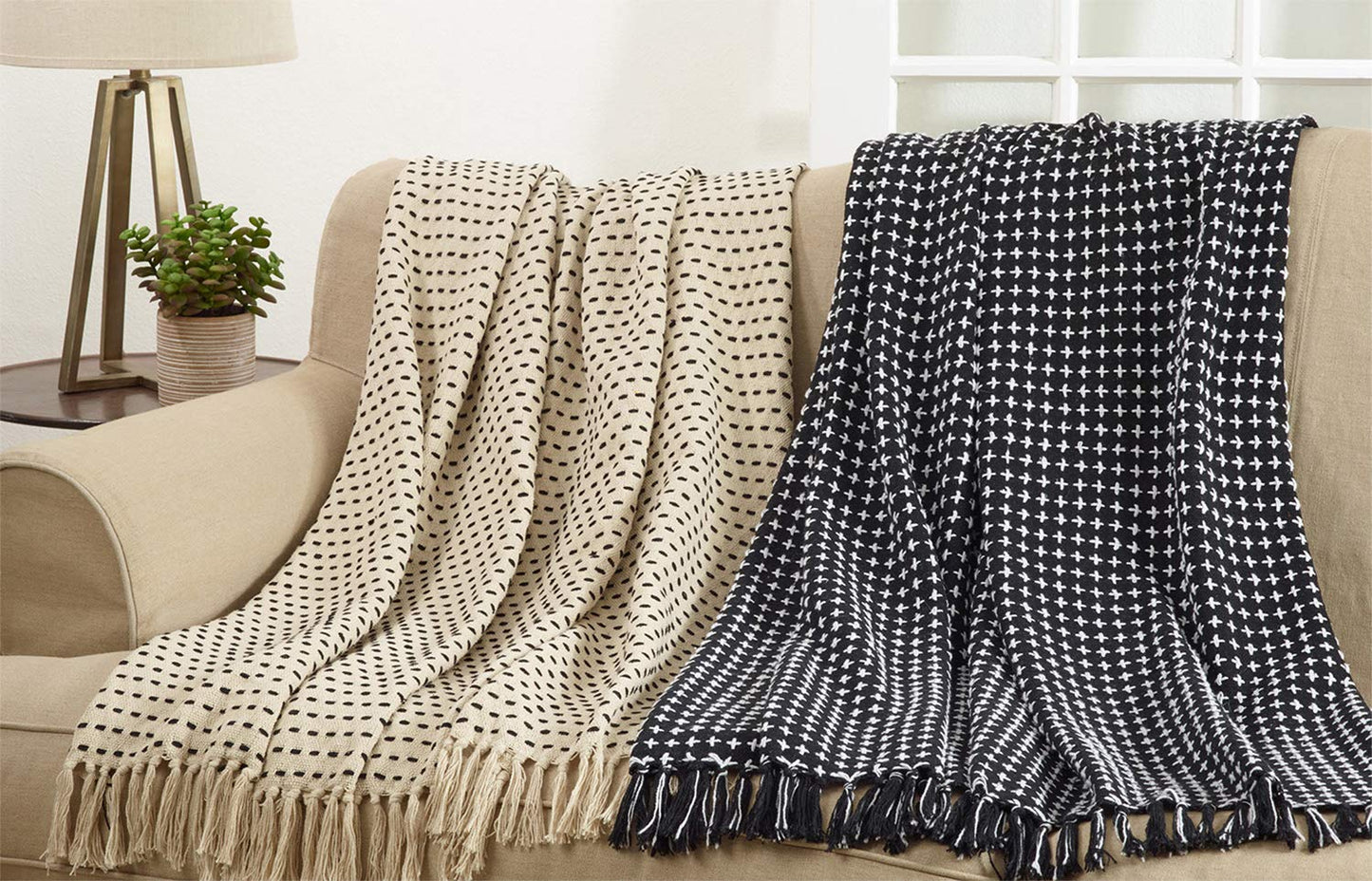 Fennco Styles Sevan Collection Contemporary Stitch Fringed 100% Cotton 50 x 60 Inch Throw – Variety Design Throw Blanket for Couch, Bedroom and Living Room Décor