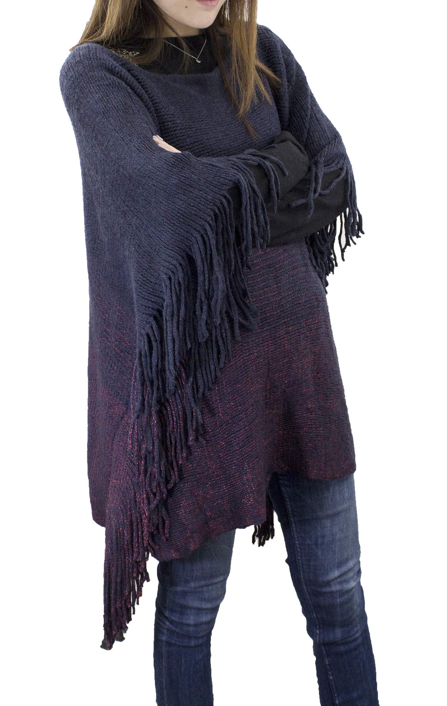stylesilove Womens Knit Two Tone Batwing Fringe Poncho Cardigan Pullover Cozy Sweater Wrap Jacket