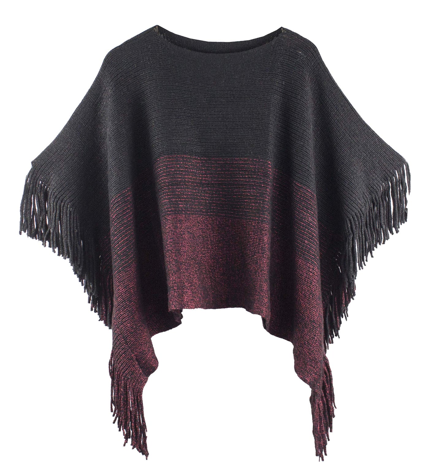 stylesilove Womens Knit Two Tone Batwing Fringe Poncho Cardigan Pullover Cozy Sweater Wrap Jacket