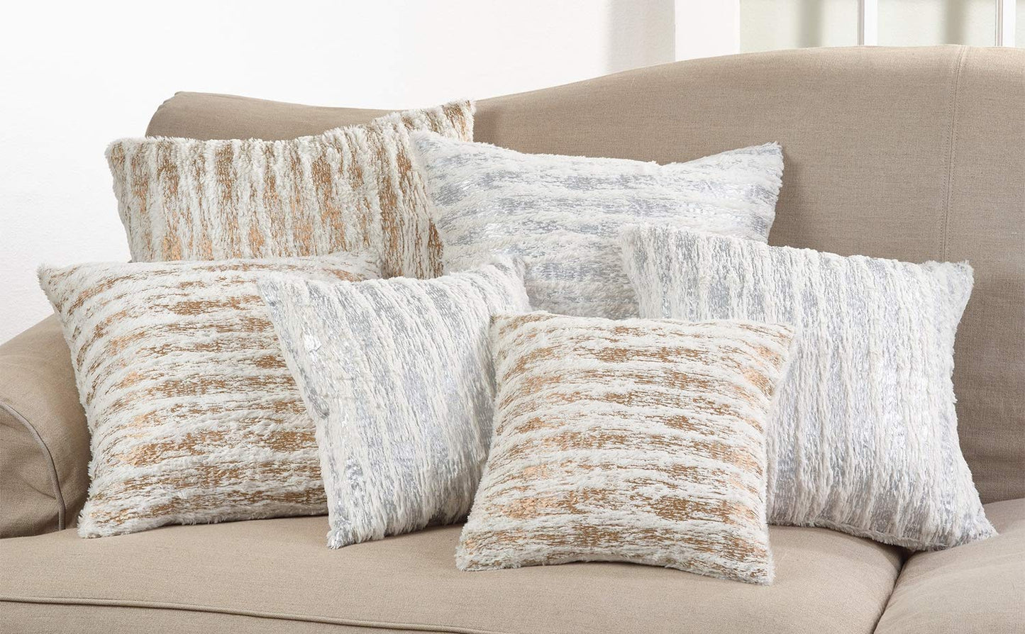 Fennco Styles Brushed Metallic Foil Collection Glamorous Faux Fur 15 x 15 Inch Throw Pillow with Case & Insert – Silver Throw Pillow for Couch, Bedroom and Living Room Décor