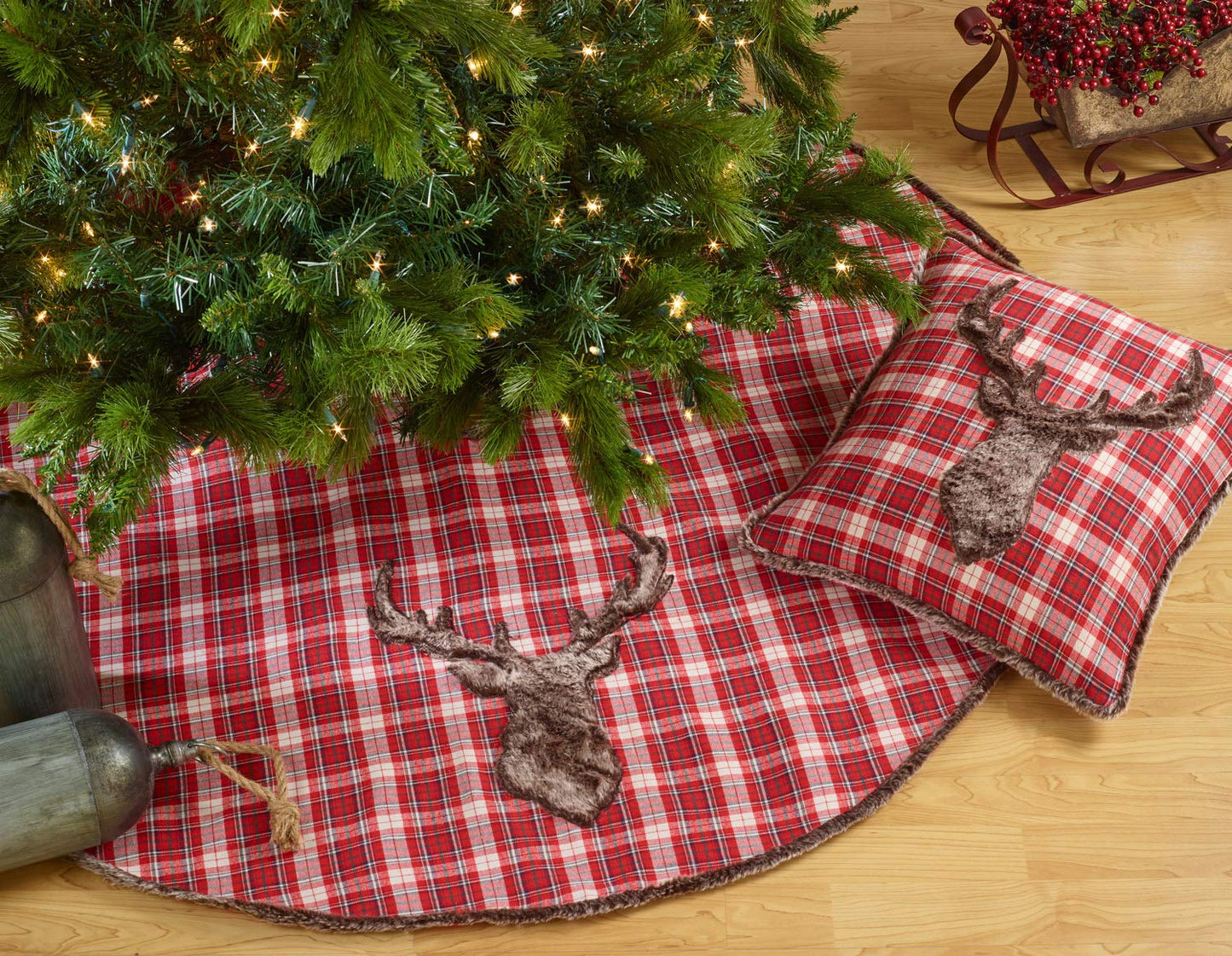 Fennco Styles Faux Fur Reindeer Christmas Plaid Tree Skirt 54 x 54 Inch - Red Tree Skirt for Home, Holiday Decor, Special Occasion