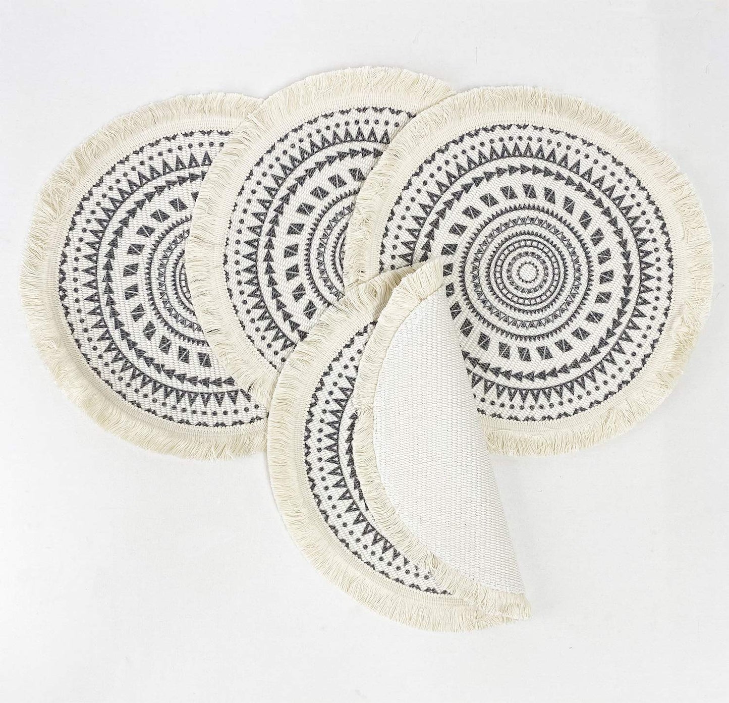 Fennco Styles Boho Geometric Fringe Decorative Cotton Placemats 13-inch Round, Set of 4 - Heat Resistant Insulation Table Mats for Home Decor, Dining Table, Banquets and Special Events