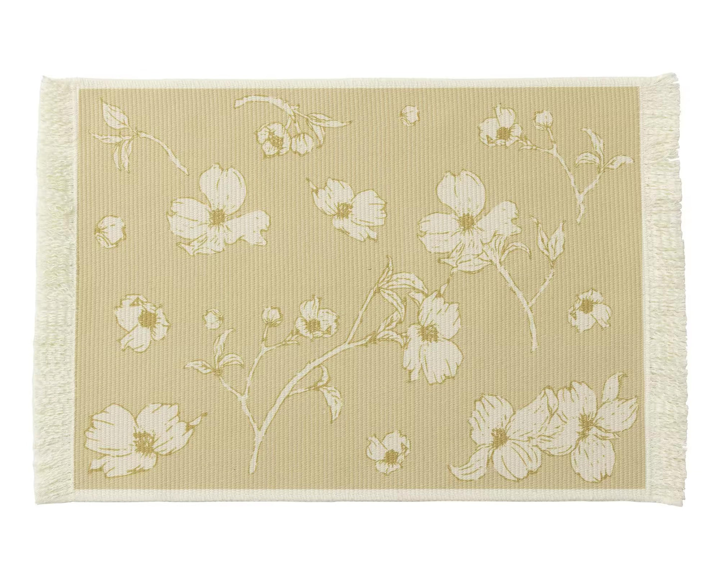 Fennco Styles Floral Printed with Fringe Placemats 14" W x 19" L, Set of 4 - Yellow Flower Table Mats for Dining Room, Banquets, Family Gatherings, and Holidays