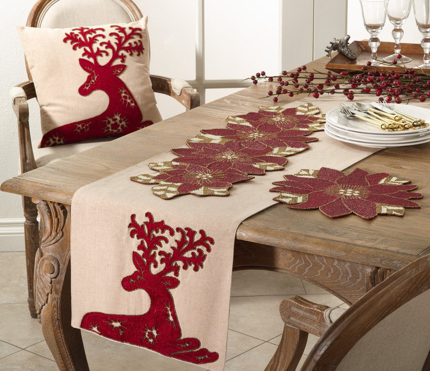Fennco Styles Elegant Holiday Embroidered Deer Cotton Table Runner 16 x 72 Inch - Christmas Table Cover for Home, Dining Table, Banquets, Family Gathering and Special Occasion