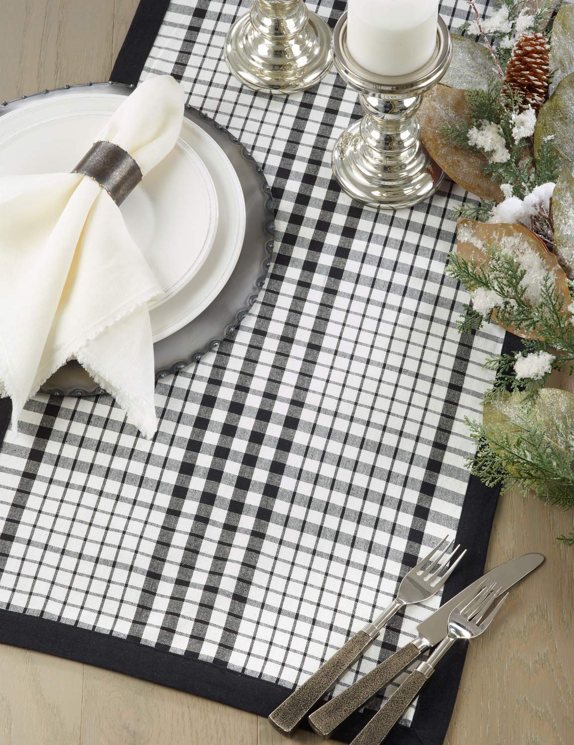 Fennco Styles Timeless Plaid with Banded Edge Design 100% Cotton Table Runner 16 x 72 Inch - Black White Tartan Table Cover for Home Décor, Dining Table, Banquets and Holiday Events