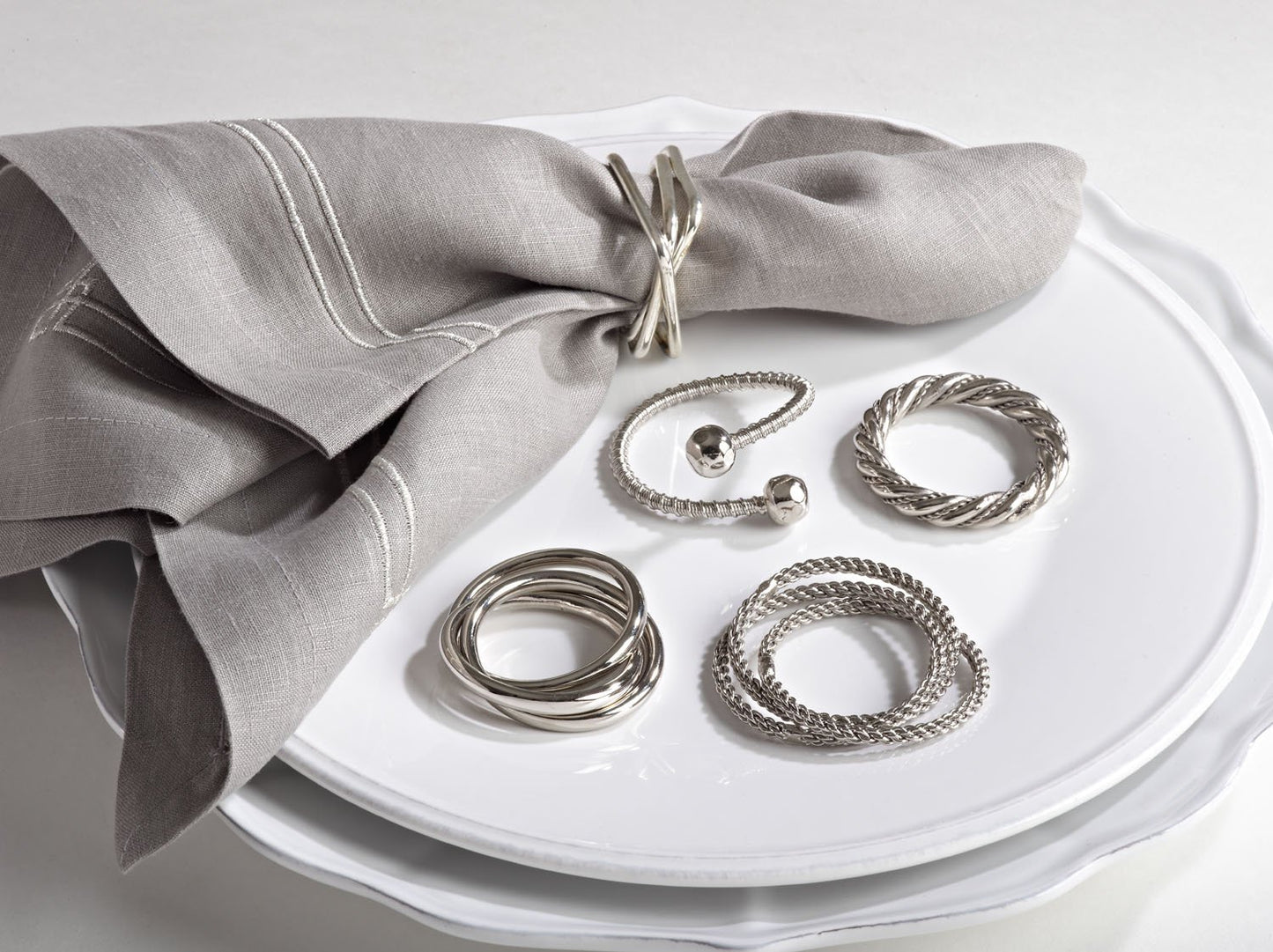 Fennco Styles Classic Three Rings Design Silver Metal Napkin Rings, Set of 4