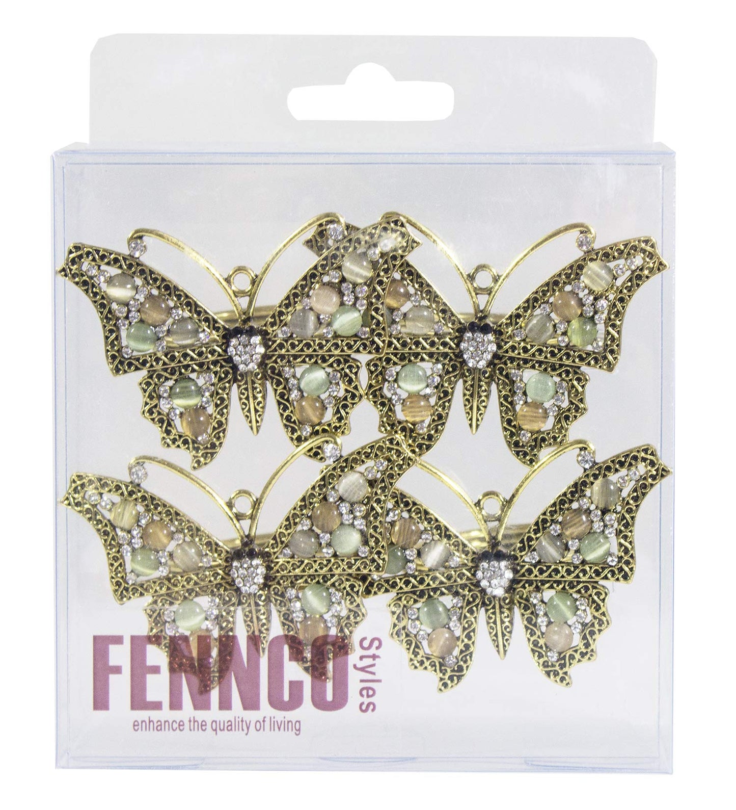 Fennco Styles Decorative Bejeweled Design Butterfly Metal Napkin Rings, Set of 4 - Silver Napkin Rings for Family Dinner, Theme Party, Wedding, Special Event and Home Décor