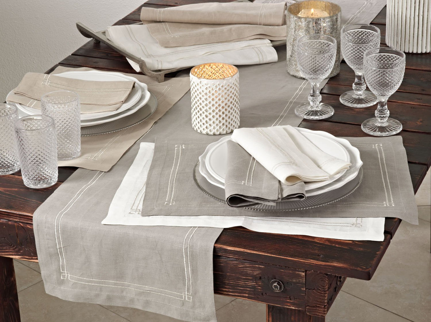 Fennco Styles Kaitlyn Collection Embroidered Linen Table Cover - Neutral Table Linen for Everyday Use, Banquets, Family Gathering and Special Occasion