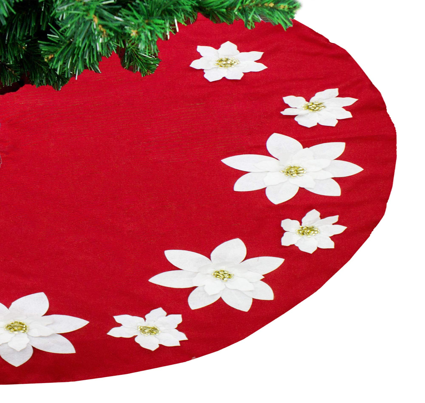 Fennco Styles Handmade Holiday Unique 3D Poinsettia Christmas Tree Skirt (Red+White 53" Tree Skirt)