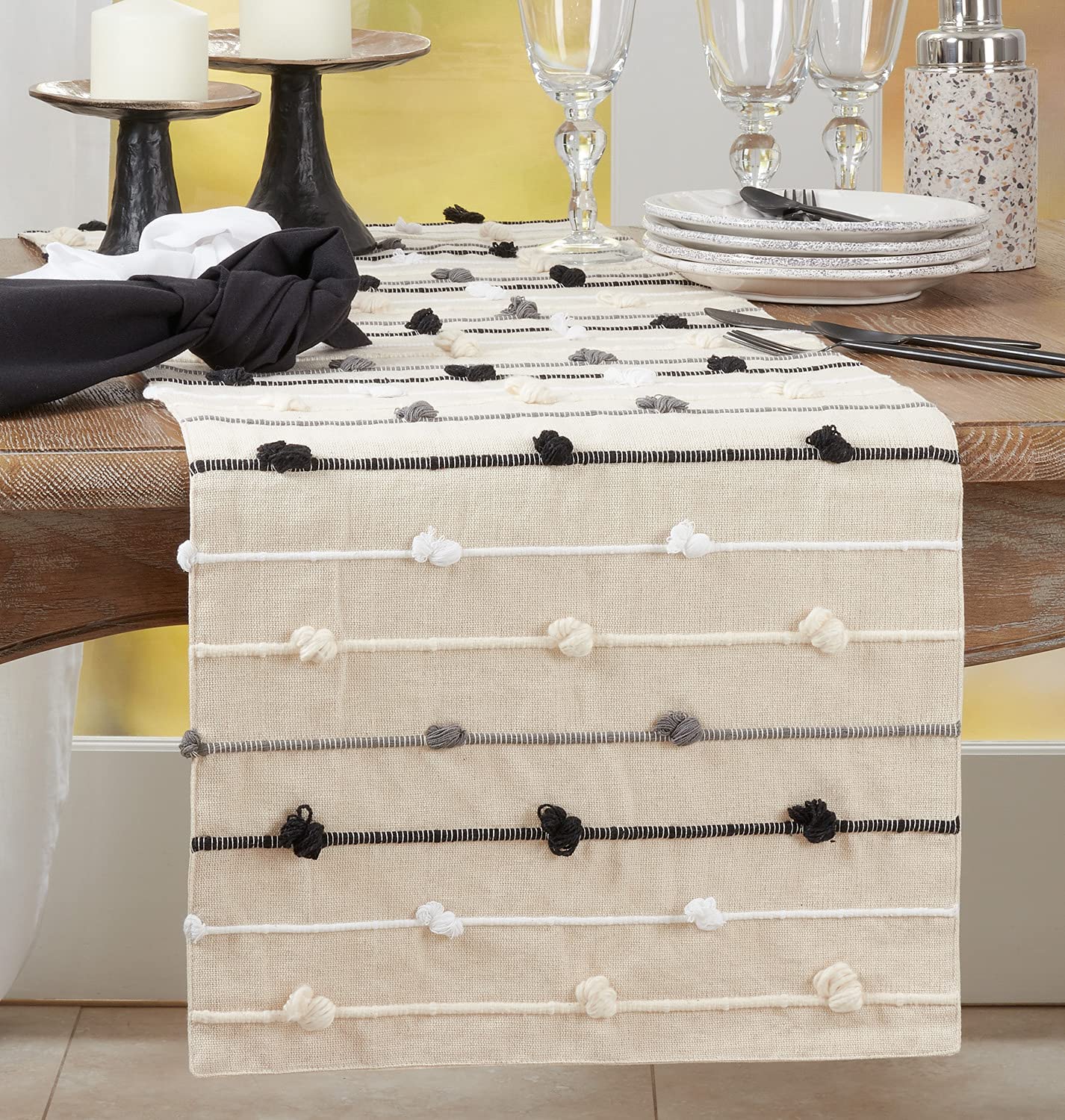 Fennco Styles Knotted Line Design Cotton Table Runner 16" W x 72" L - Black & White Table Cover for Home Décor, Dining Table, Banquet, Family Gathering, Everyday Use and Special Occasion