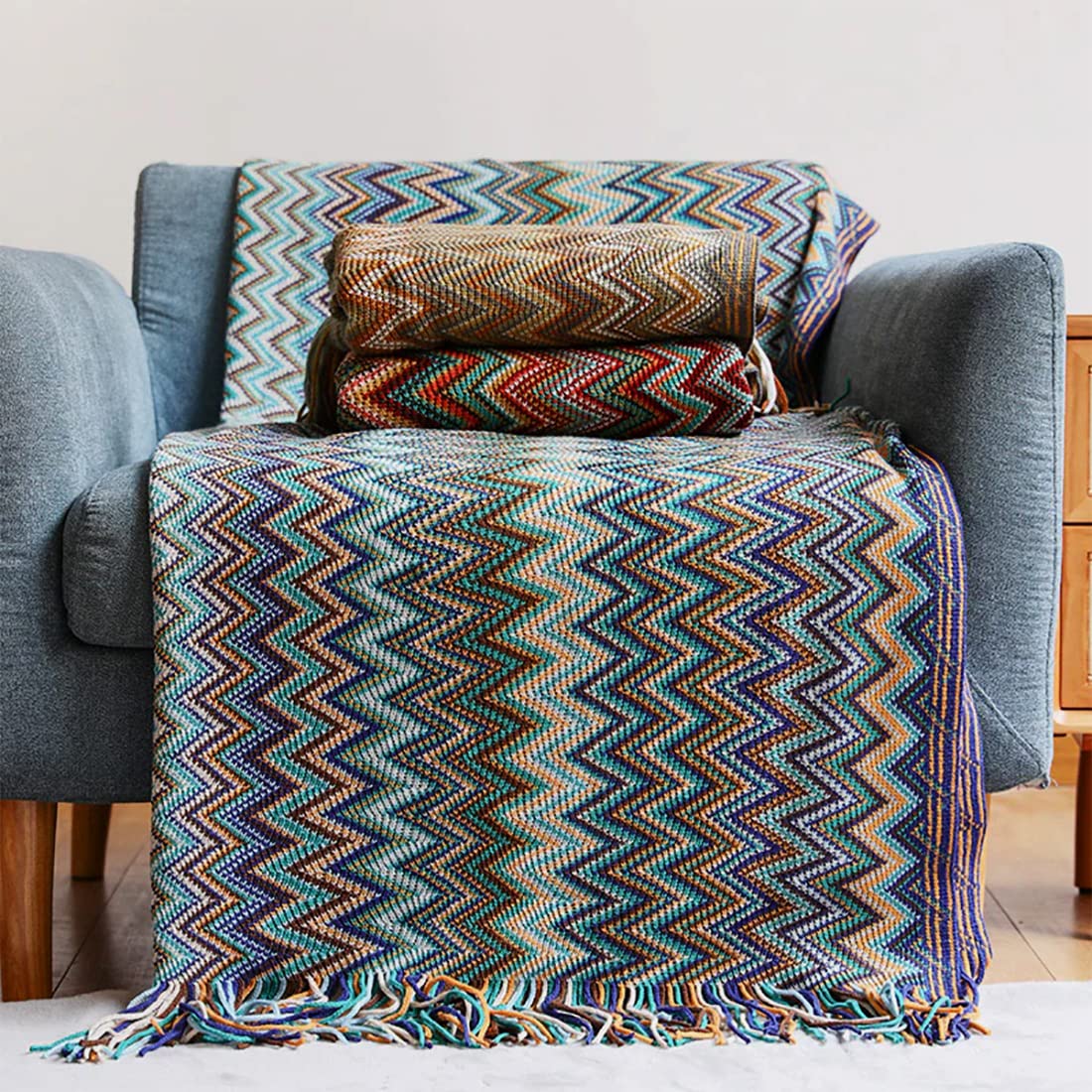 Fennco Styles Knitted Zigzag Soft Boho Throw Blanket with Tassel 50" W x 60" L - Colorful Crochet Chevron Tapestry Blanket for Indoor Outdoor Use, Couch, Bedroom, Living Room, Office Décor