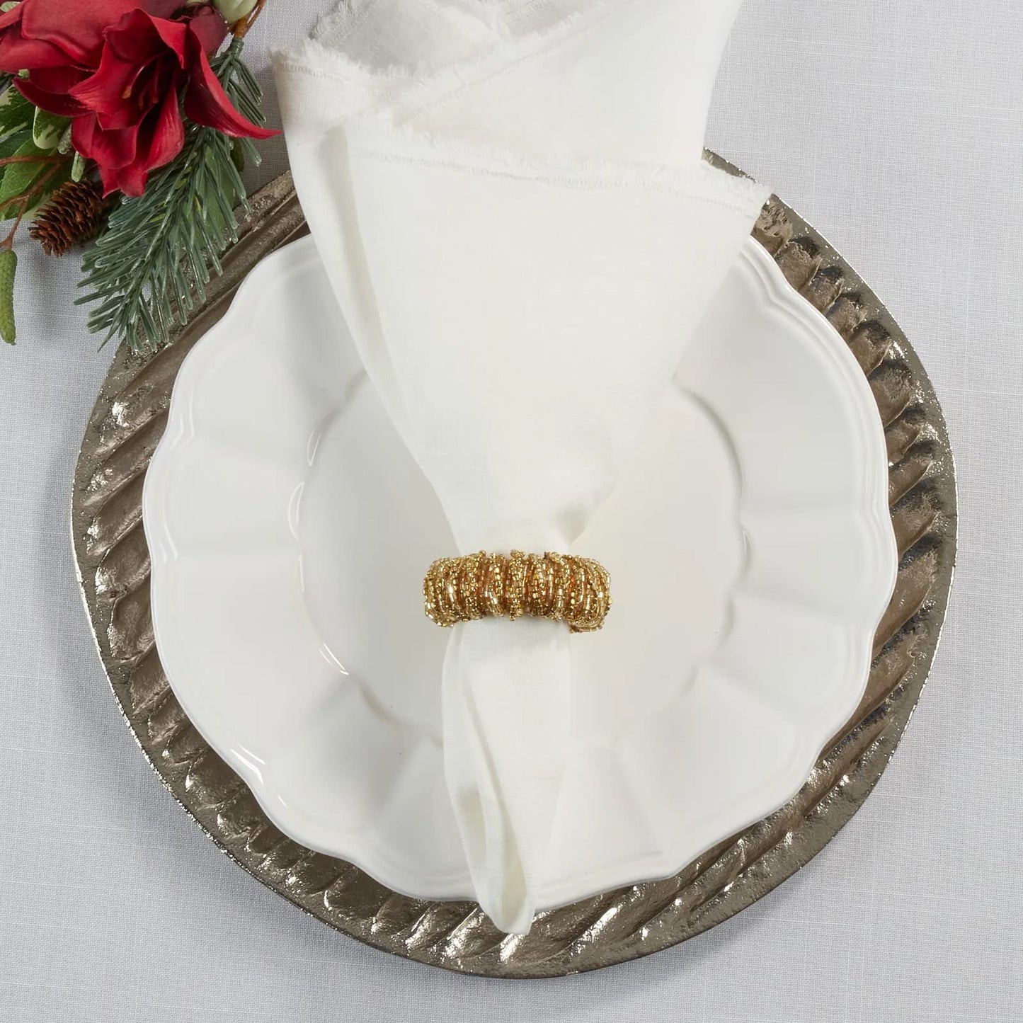 Fennco Styles Hand Beaded Decorative Napkin Rings, Set of 4 - Silver Glass Beads Napkin Holders for Home, Dining Table, Banquet, Christmas, Holiday Décor and Special Occasion